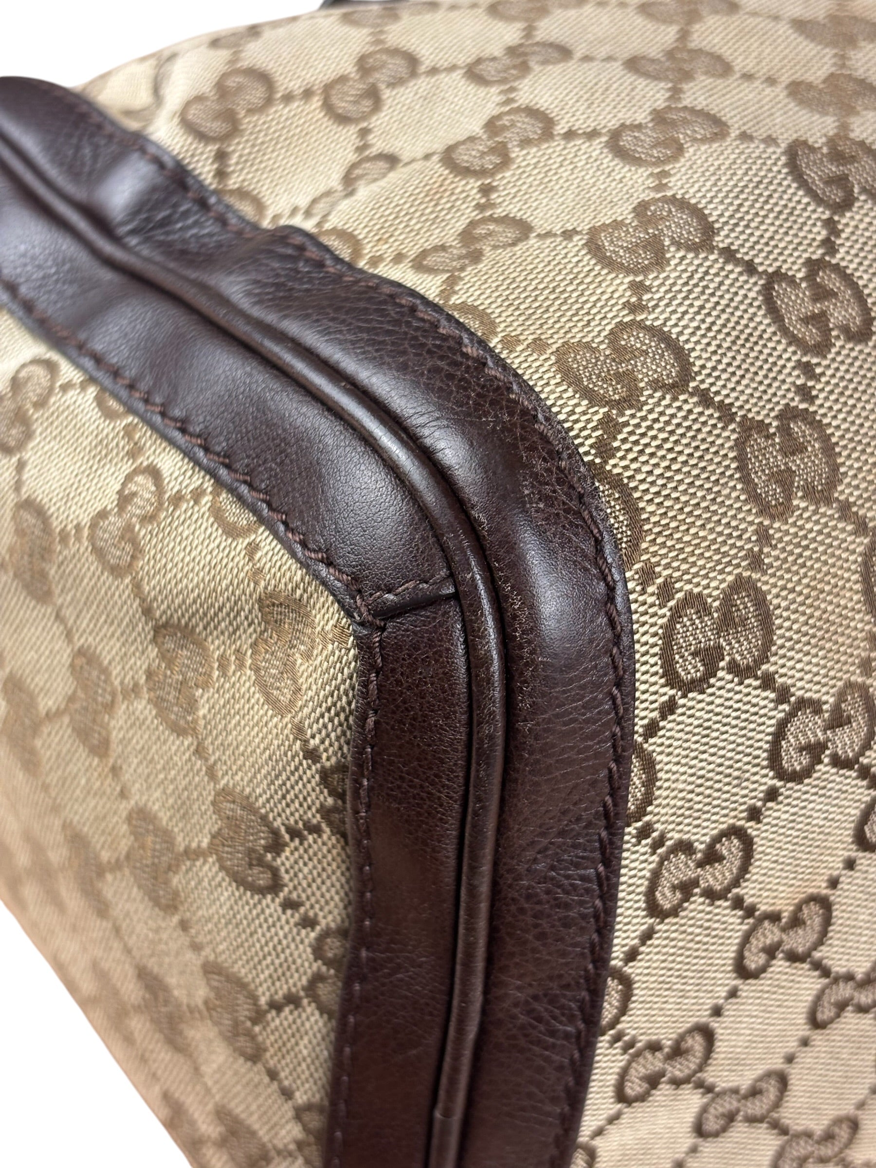 Gucci GG Leather Trim Canvas Techno Boston Handbag
