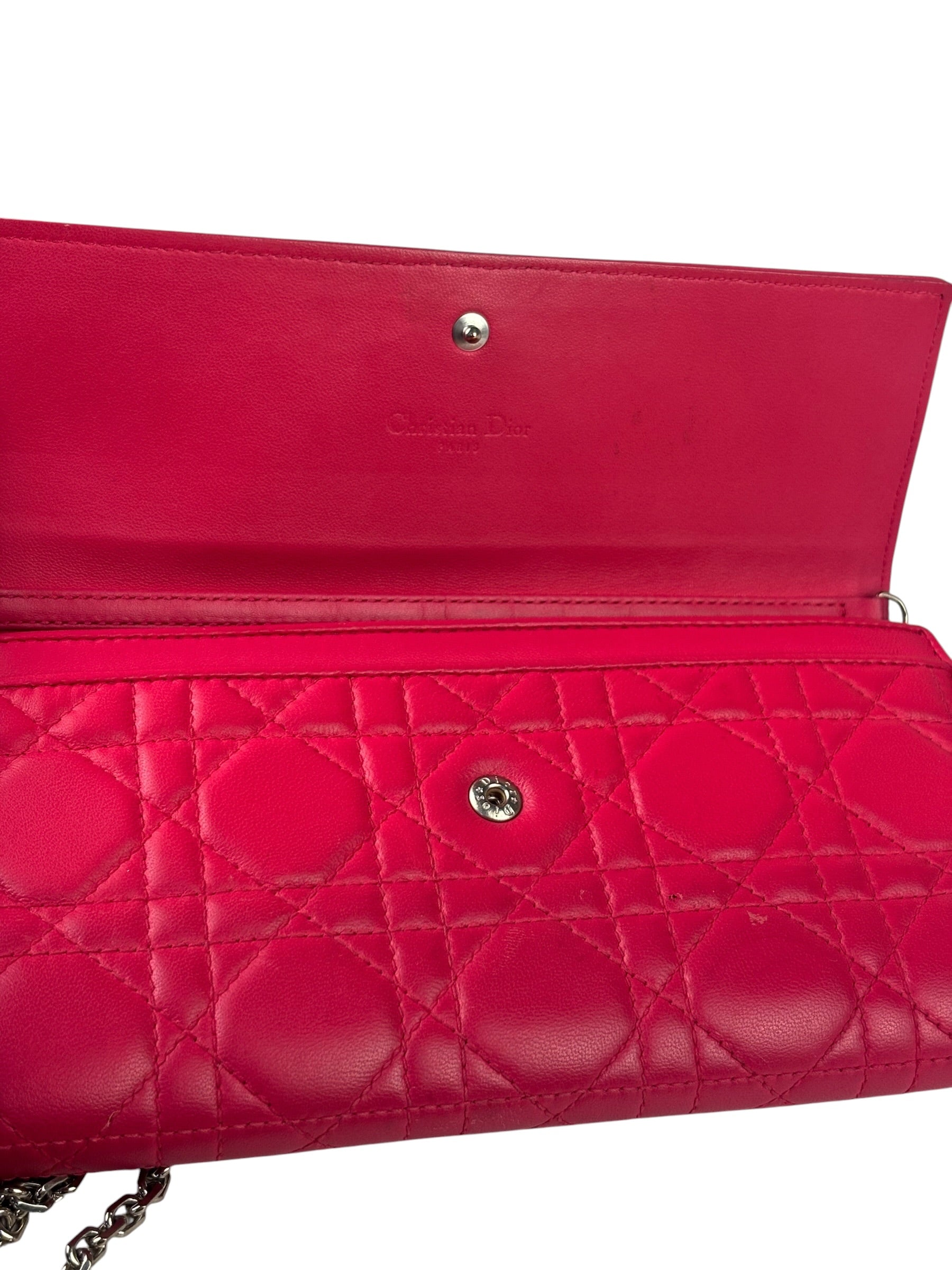 Christian Dior Pink Quilted Lambskin Lady Dior Wallet On Chain