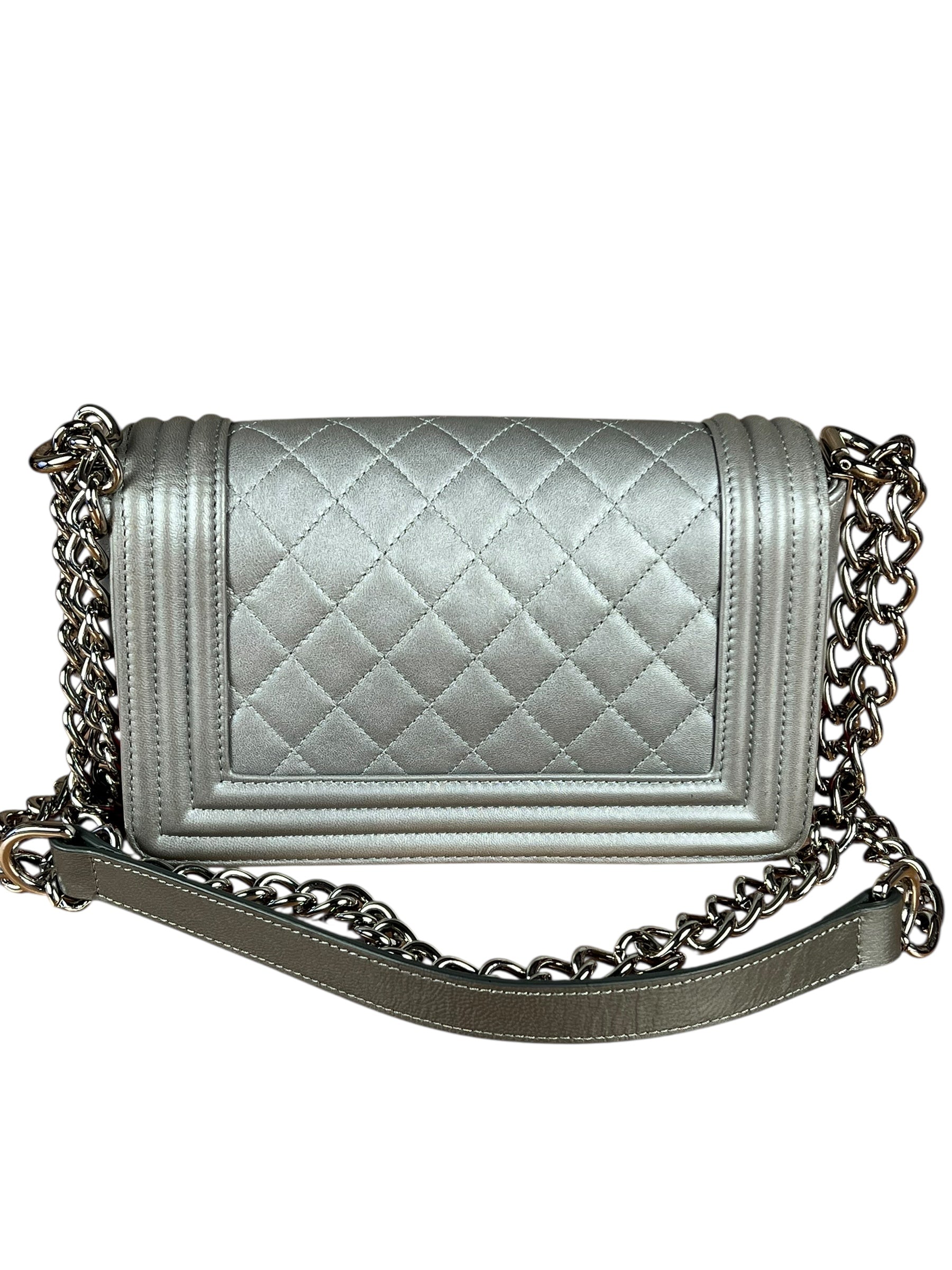 Chanel CC Silver Lambskin Quilted Boy Bag Red Stingray 2012