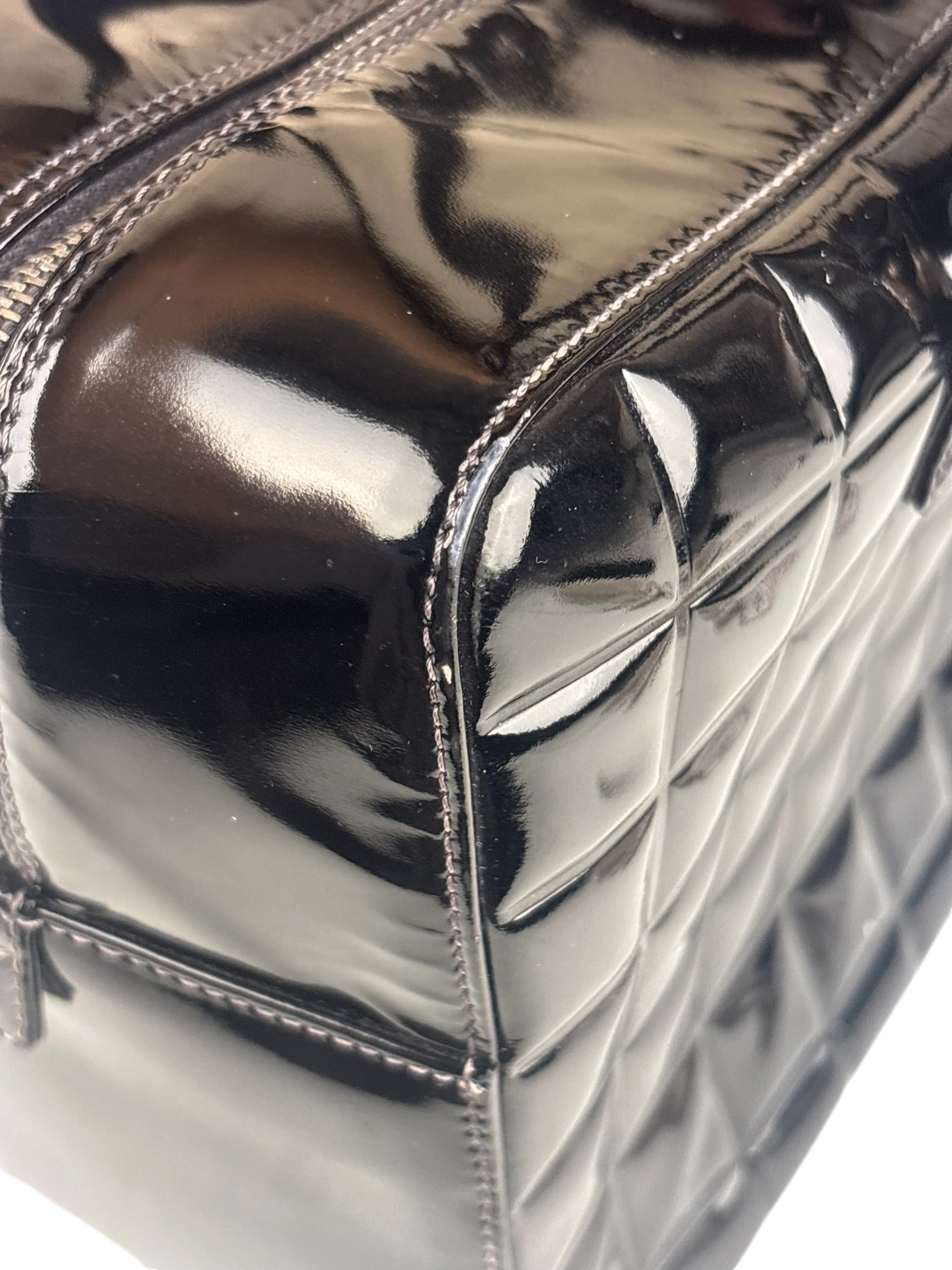 Chanel Black Leather Patent Chocolate Bar Bowler Hand Bag