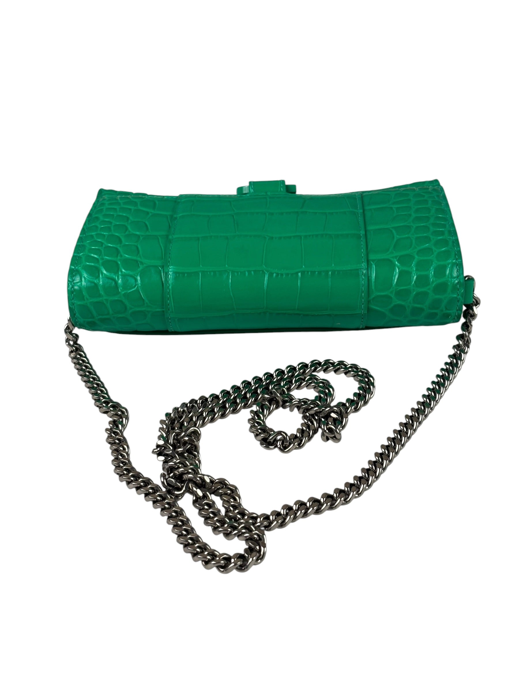 Balenciaga Green Crocodile Embossed Hourglass Wallet On Chain