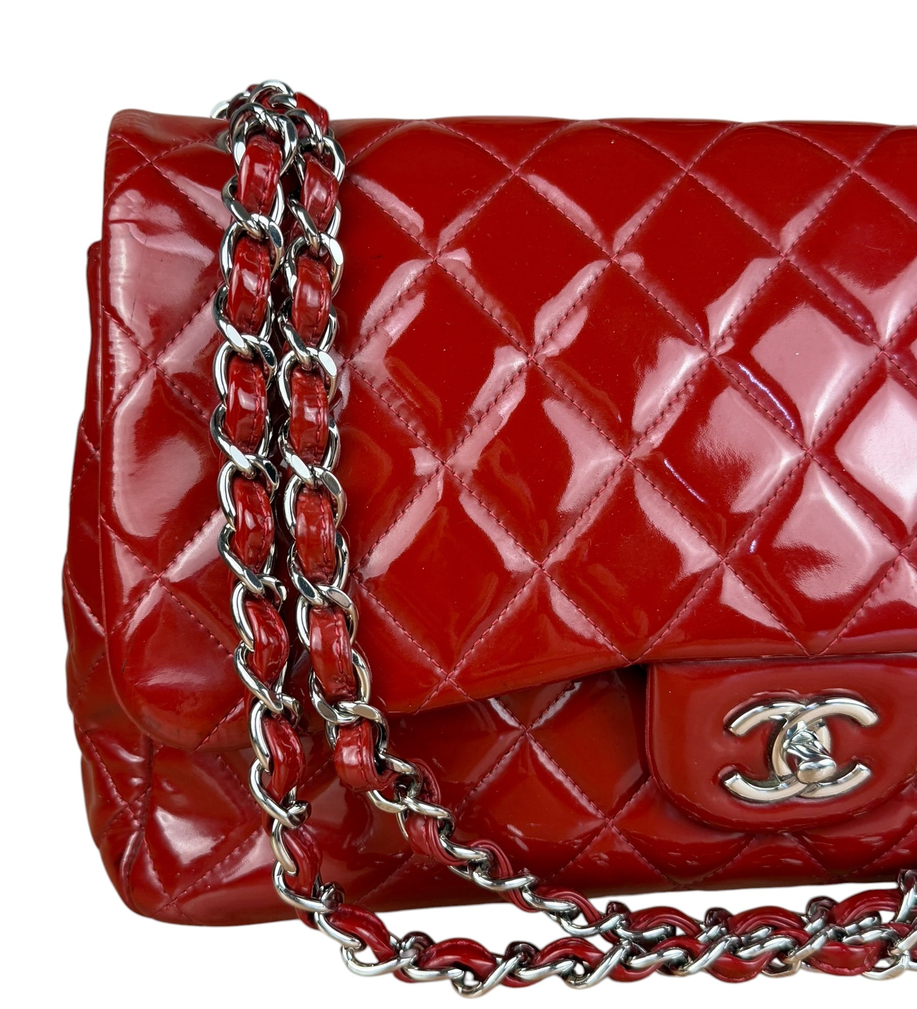 Chanel Red Patent Quilted Leather Classic Double Flap Bag 2013