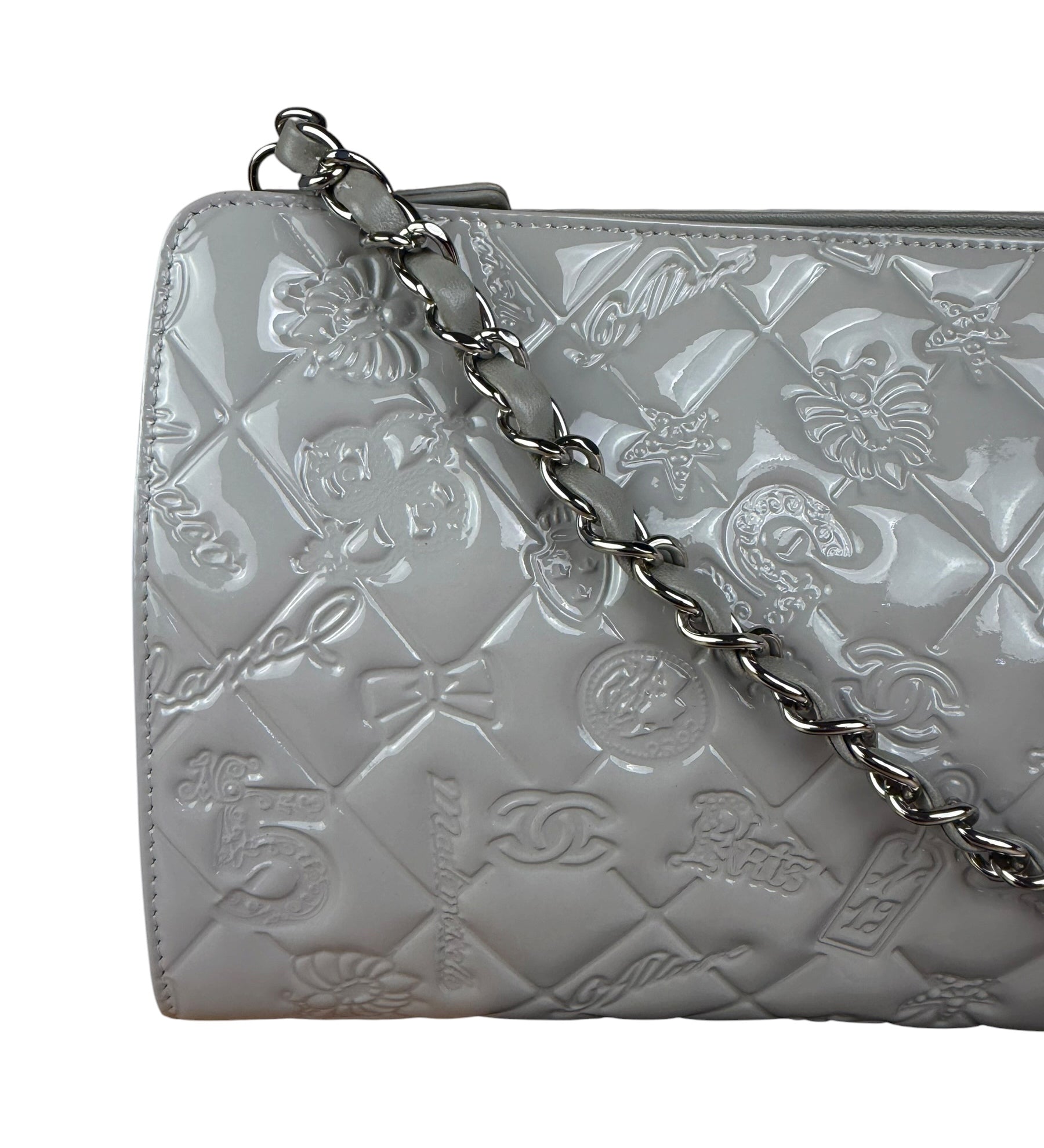 Chanel Vintage Grey Patent Leather Lucky Symbols Icon Pochette 2009