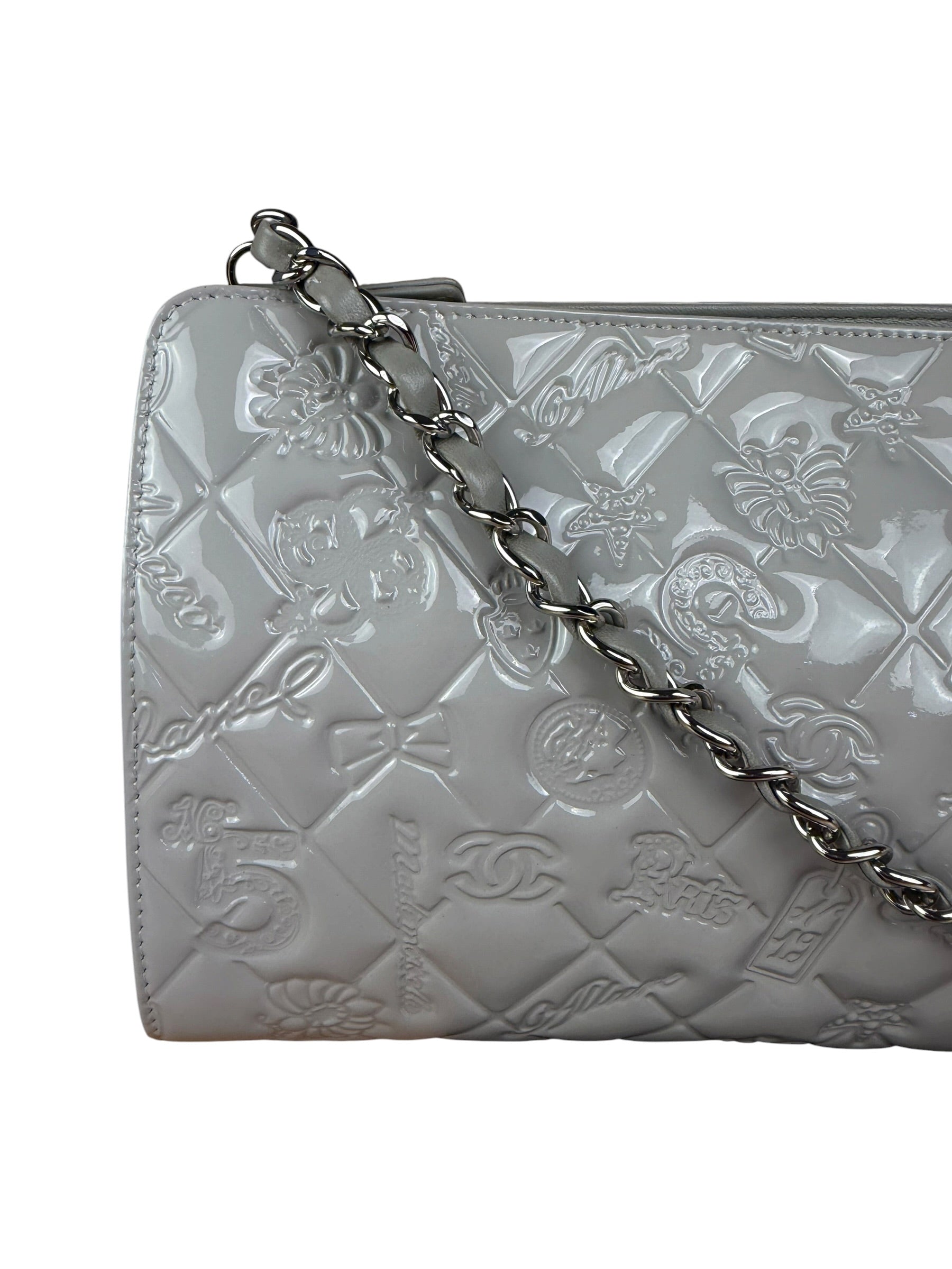 Chanel Vintage Grey Patent Leather Lucky Symbols Icon Pochette 1989