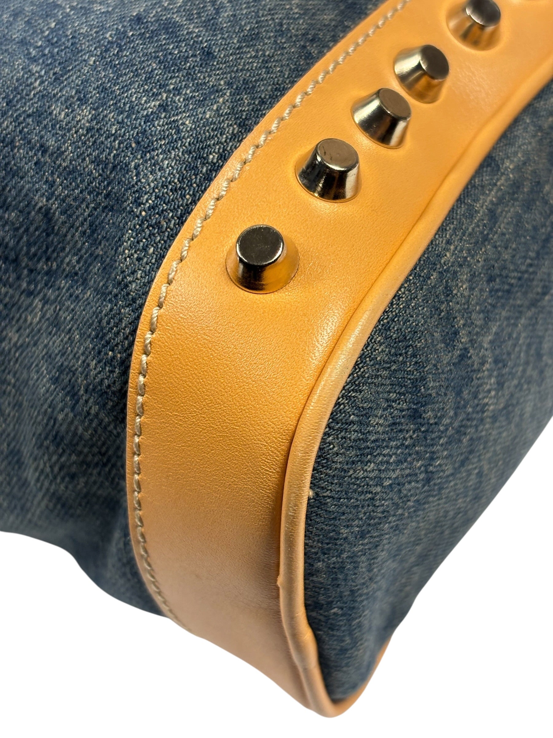 Fendi Blue/Brown Denim/Leather Trim Studded Shoulder Bag