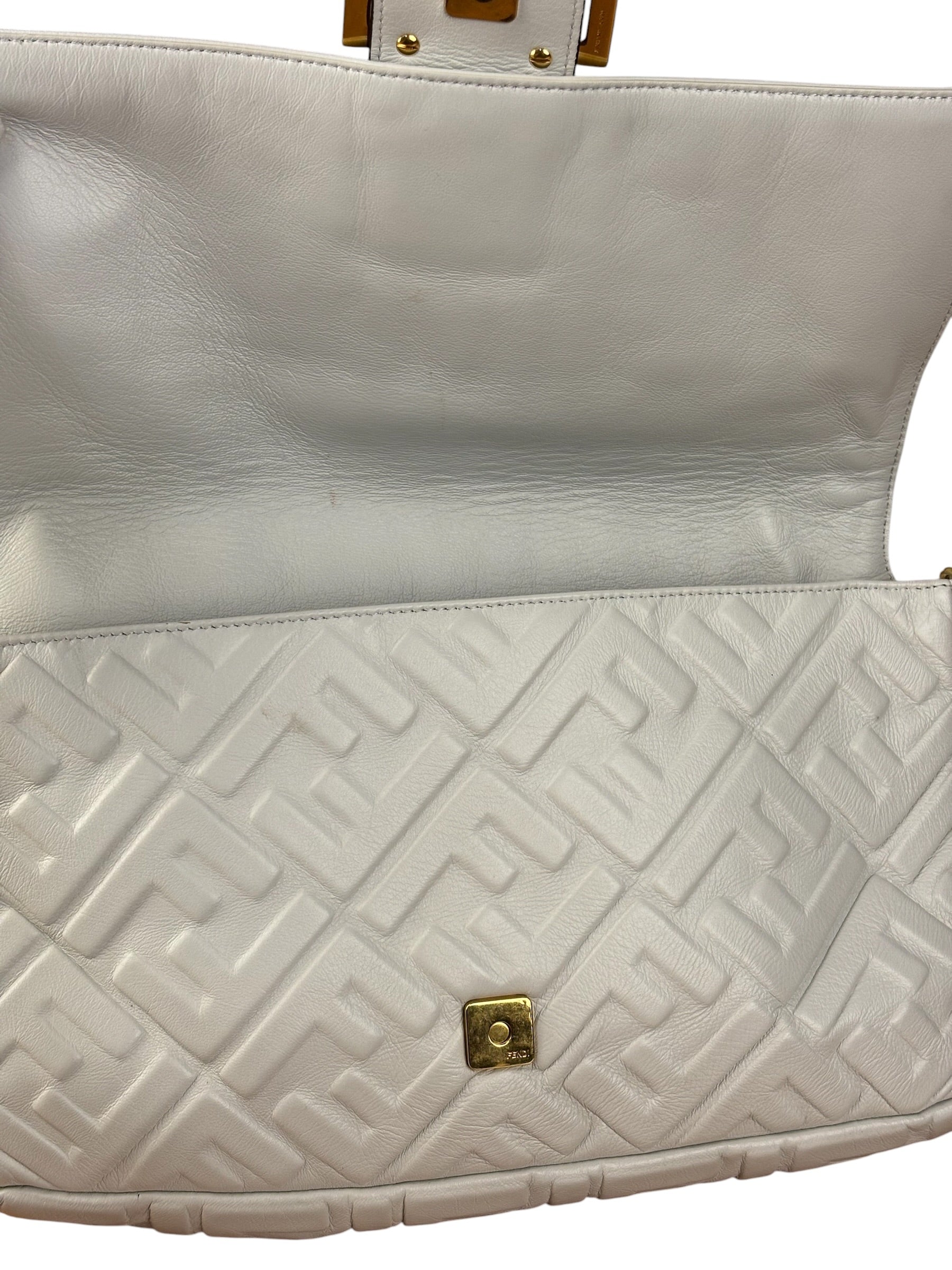 Fendi Large Zucca Embossed Leather Baguette White