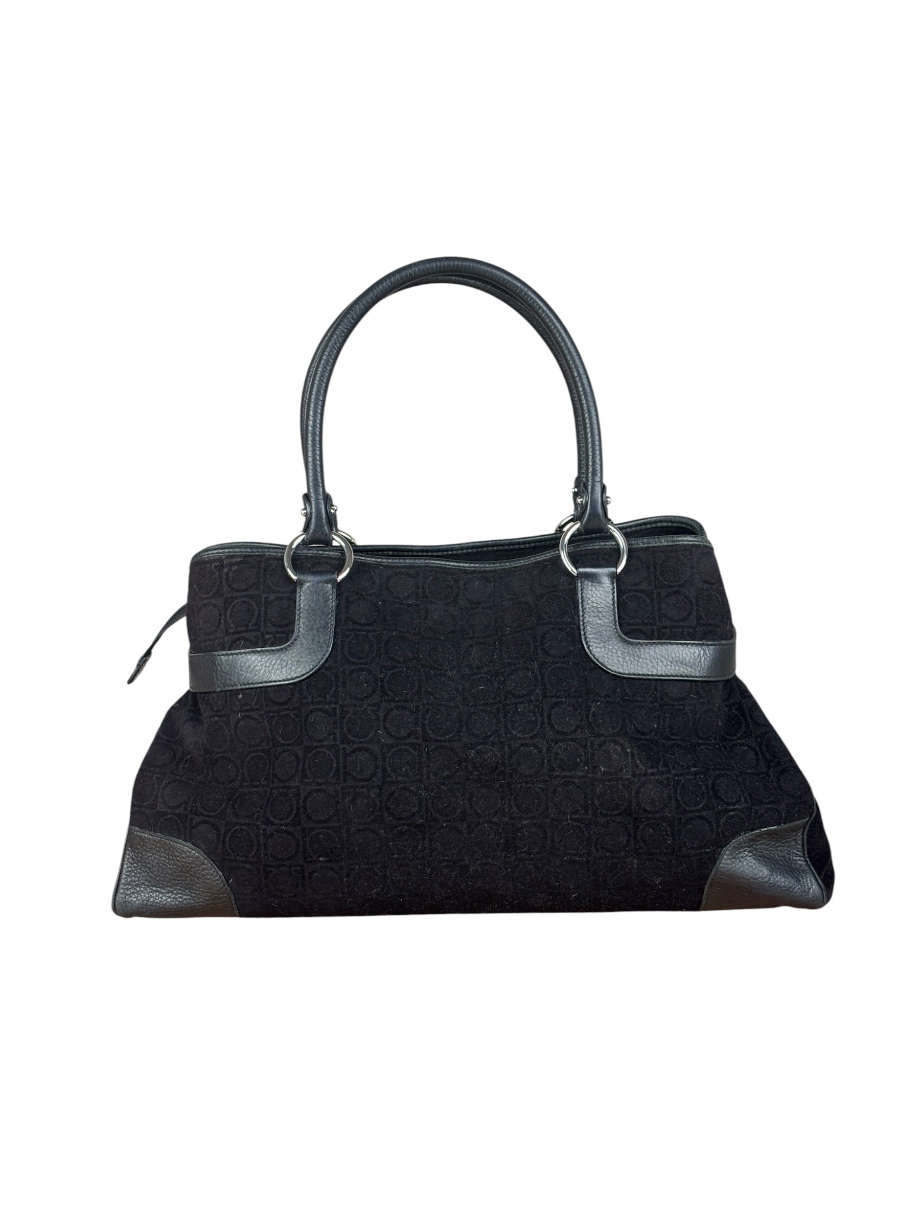 Salvatore Ferragamo Black Leather Trim Gancini Monogram Canvas Shoulder Bag