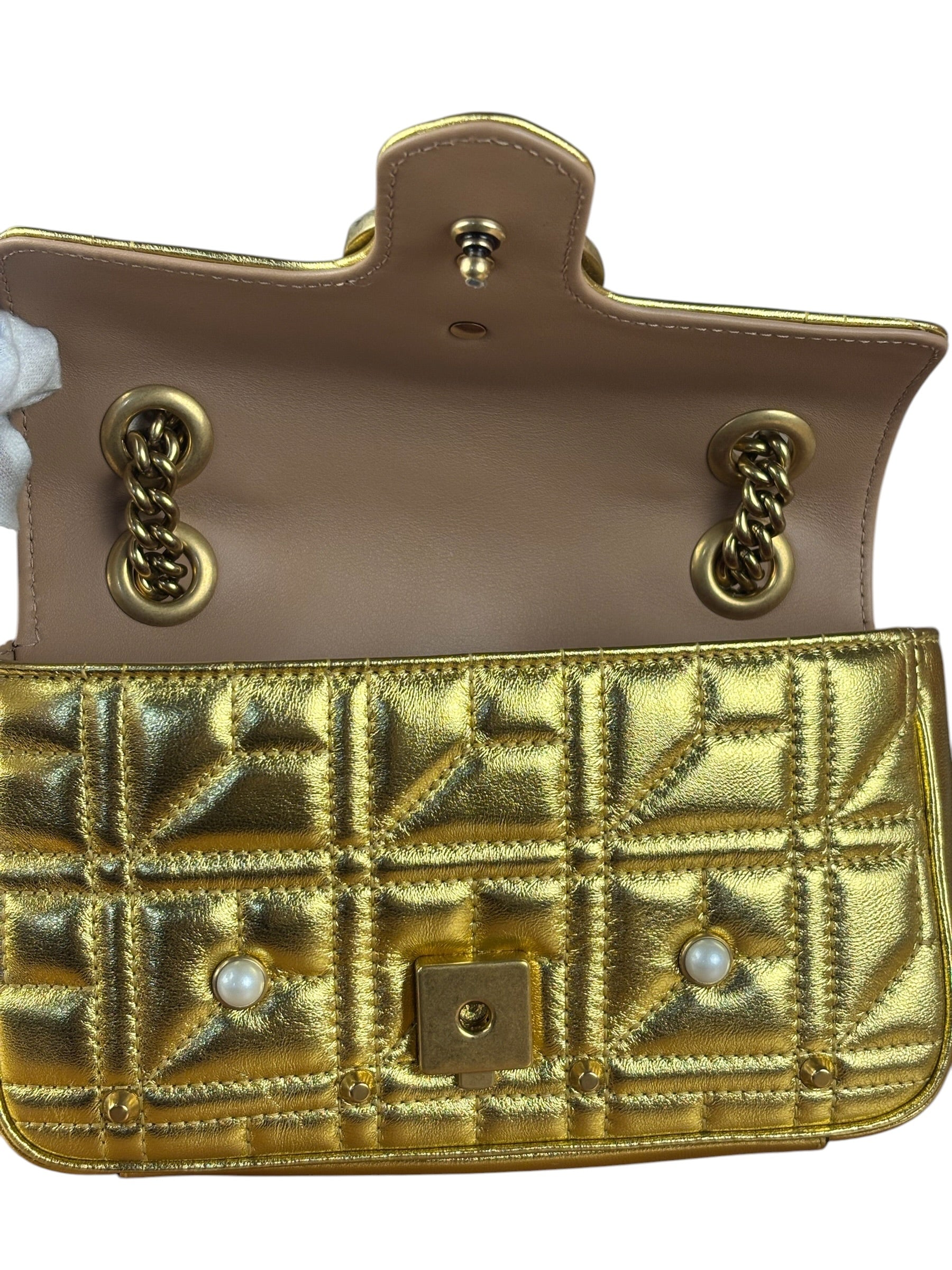 Gucci Gold GG Marmont Pearl Studded Mini Flap Bag