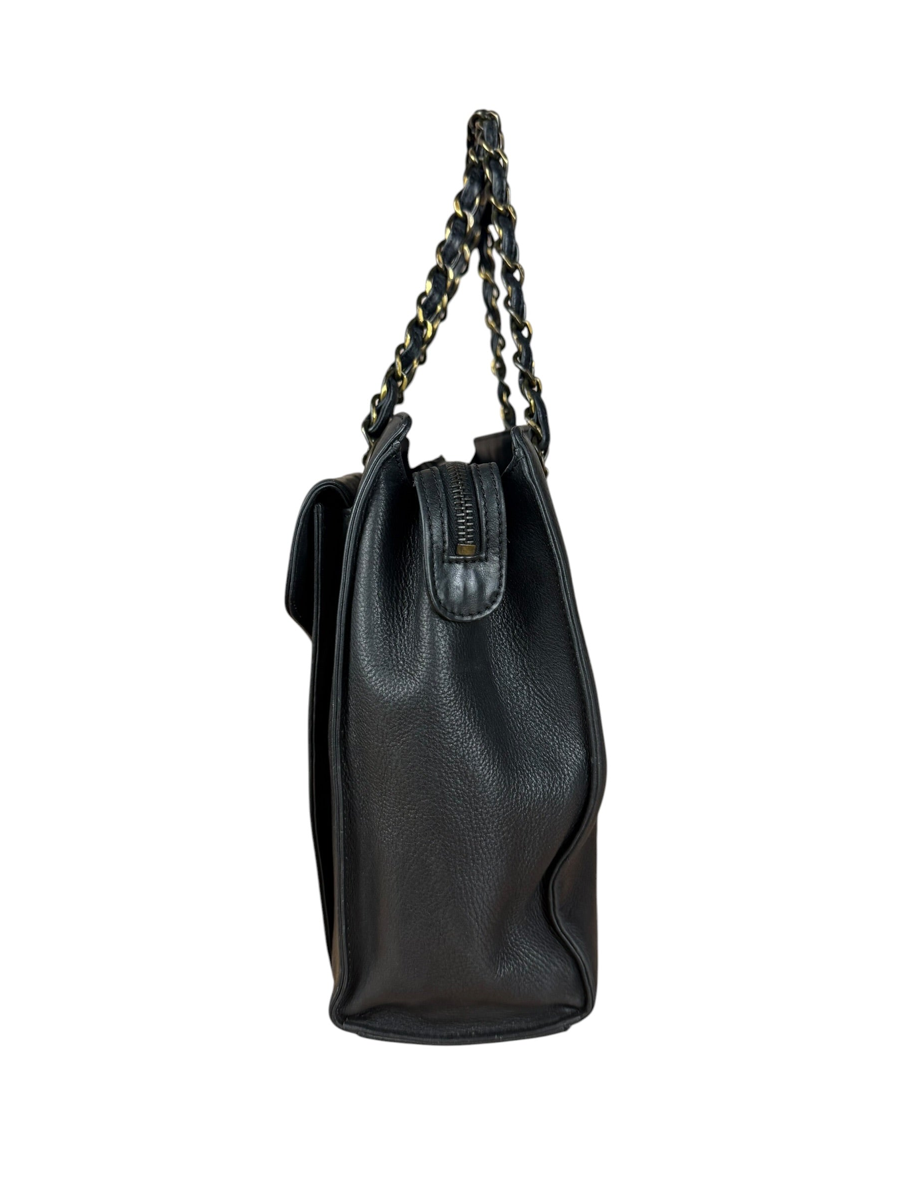 Chanel Black Leather Front Pocket Chain Tote 1998