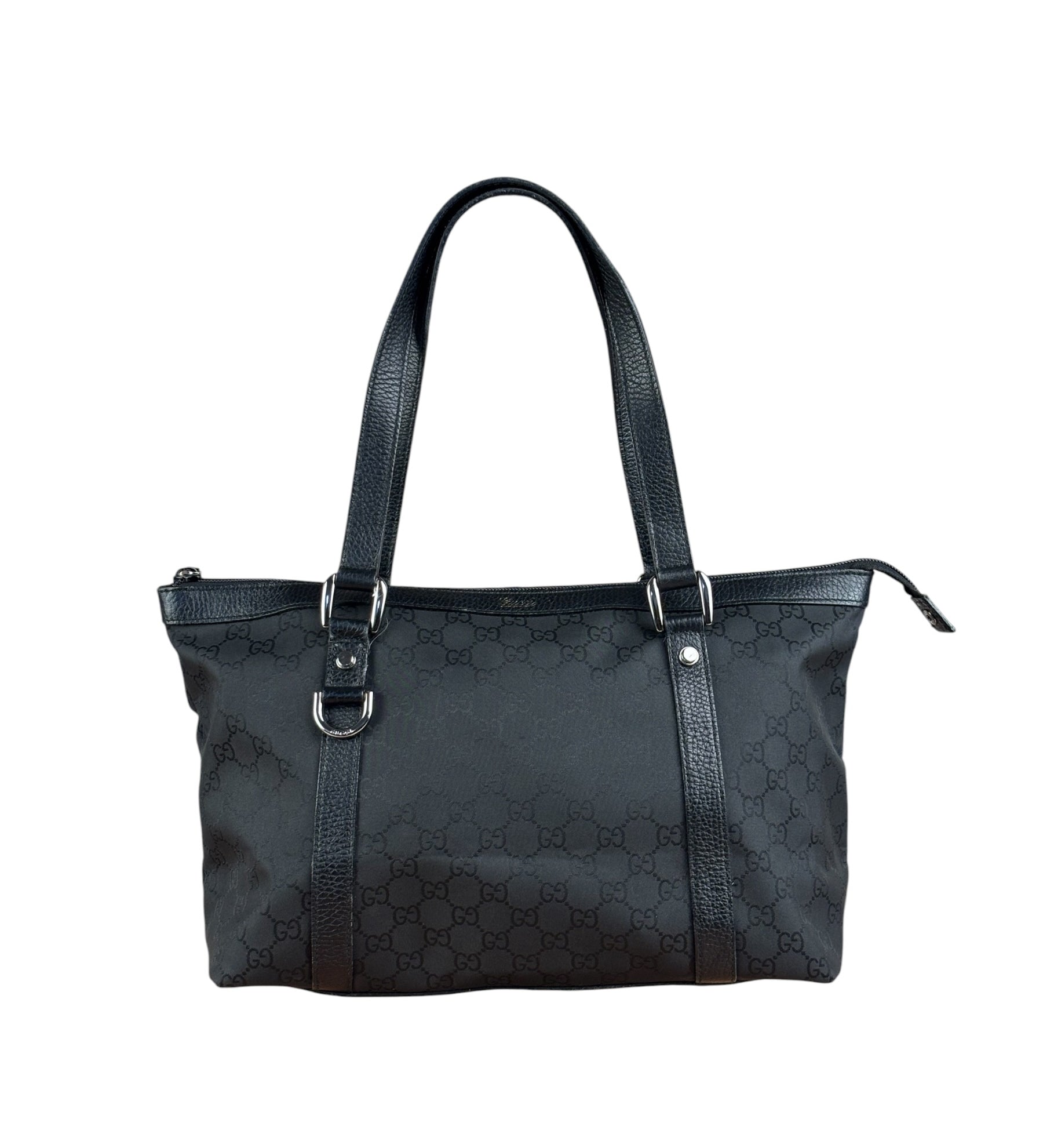 Gucci Black Leather Trim GG Canvas Abbey Zip Tote Bag
