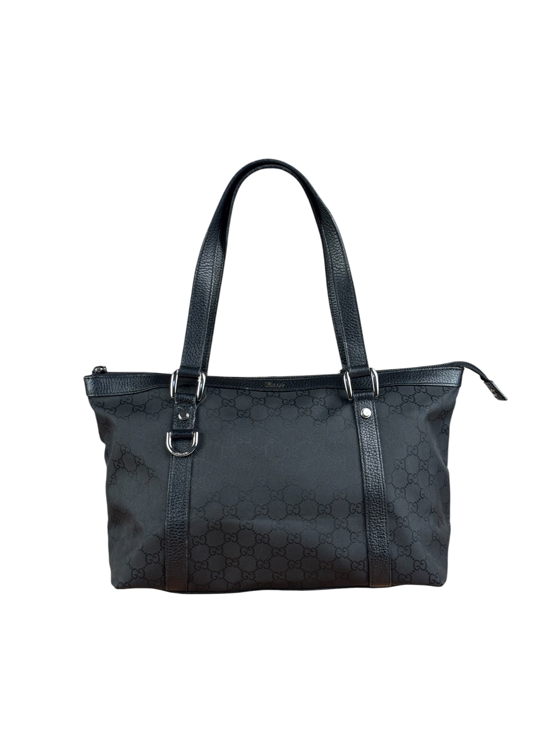 Gucci Black Leather Trim GG Canvas Abbey Zip Tote Bag