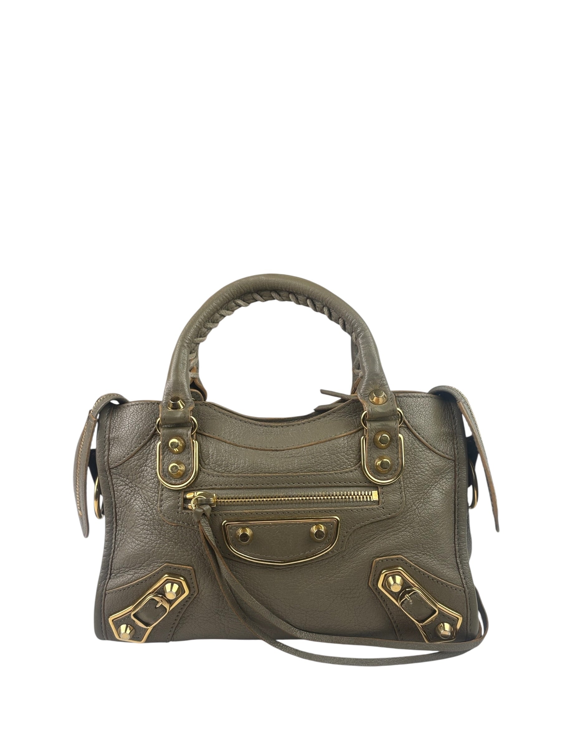 Balenciaga Gris Taupe Leather Mini Metallic Edge City Two-Way Bag