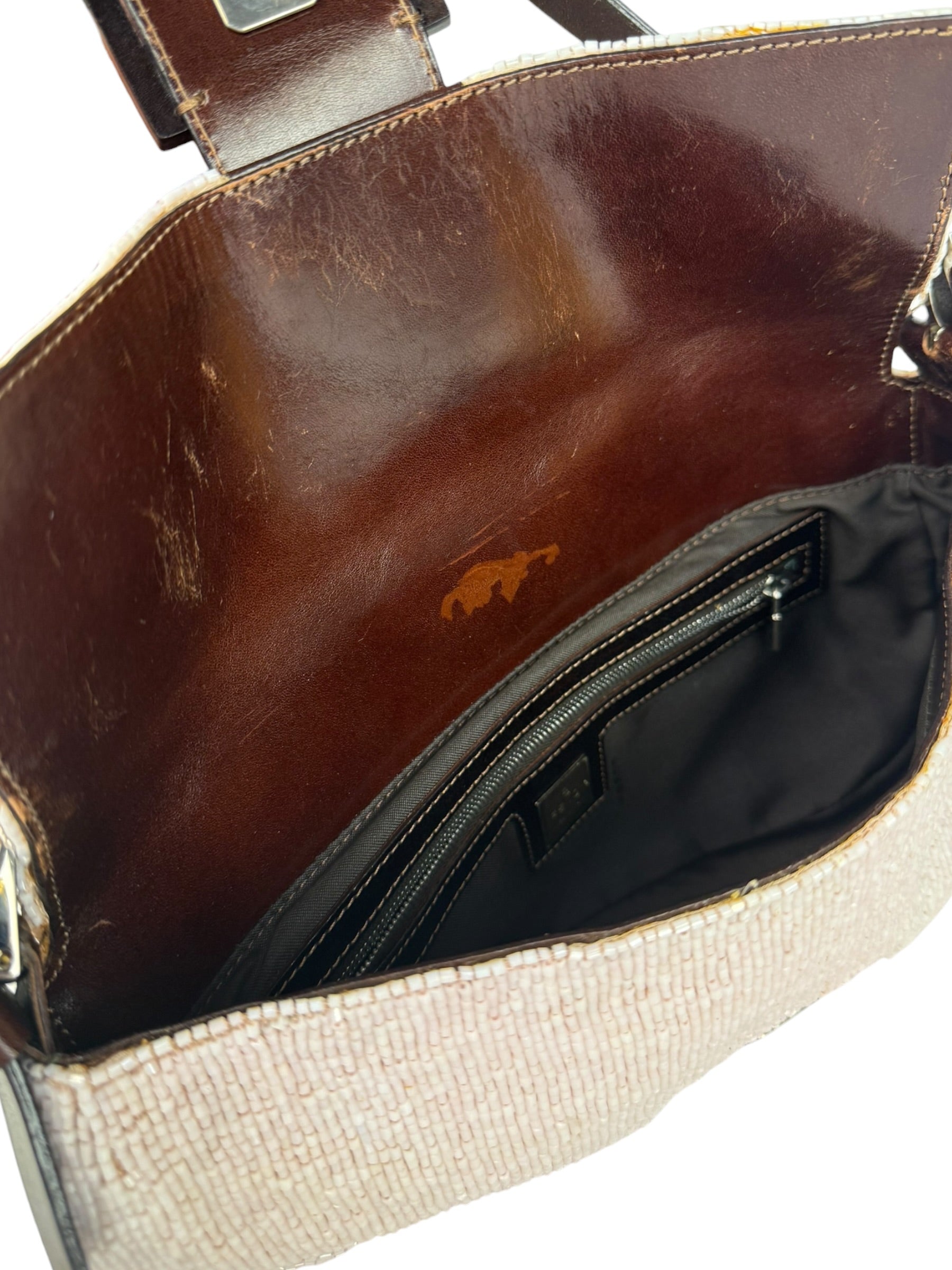 Fendi Leather-Trimmed Beaded Baguette Light Pink