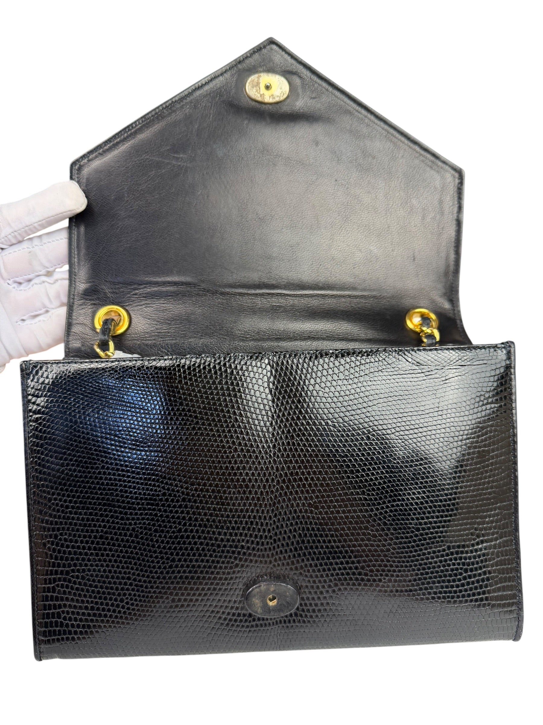 Chanel Black Lizard Leather Envelope Flap Bag 1986