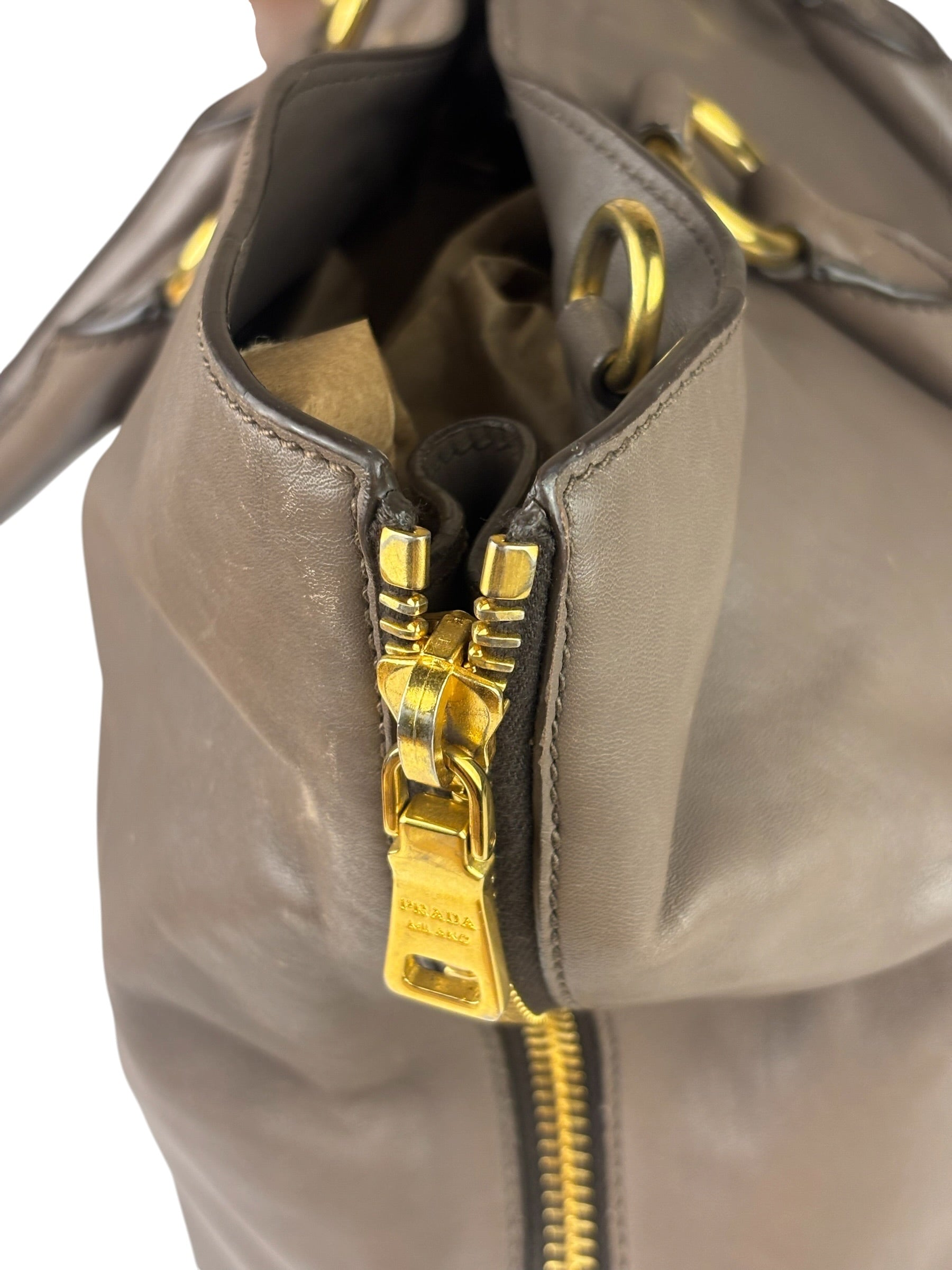 Prada Neutral Taupe Vitello Daino Leather Side Zip Large Shopper Tote