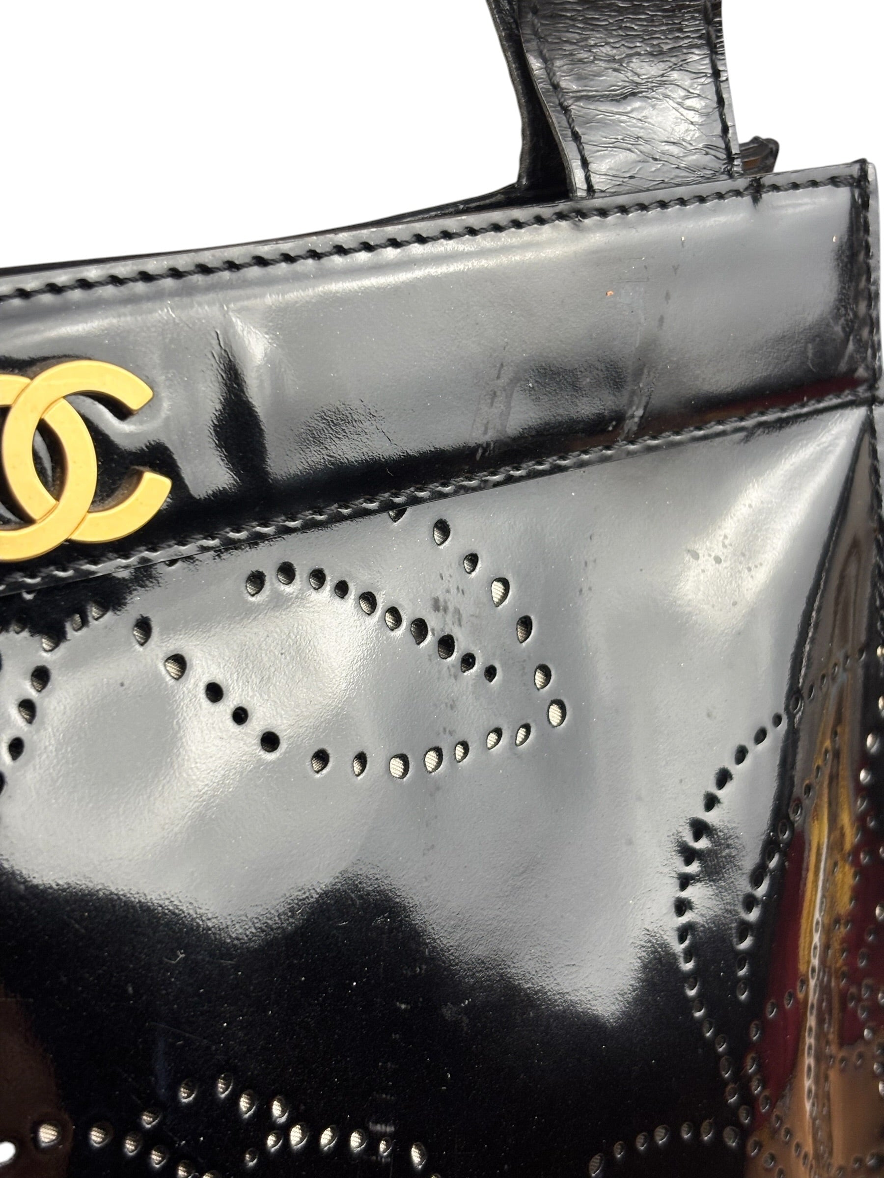 Chanel Black Patent Leather Perforated Camellia Tote Bag 2003