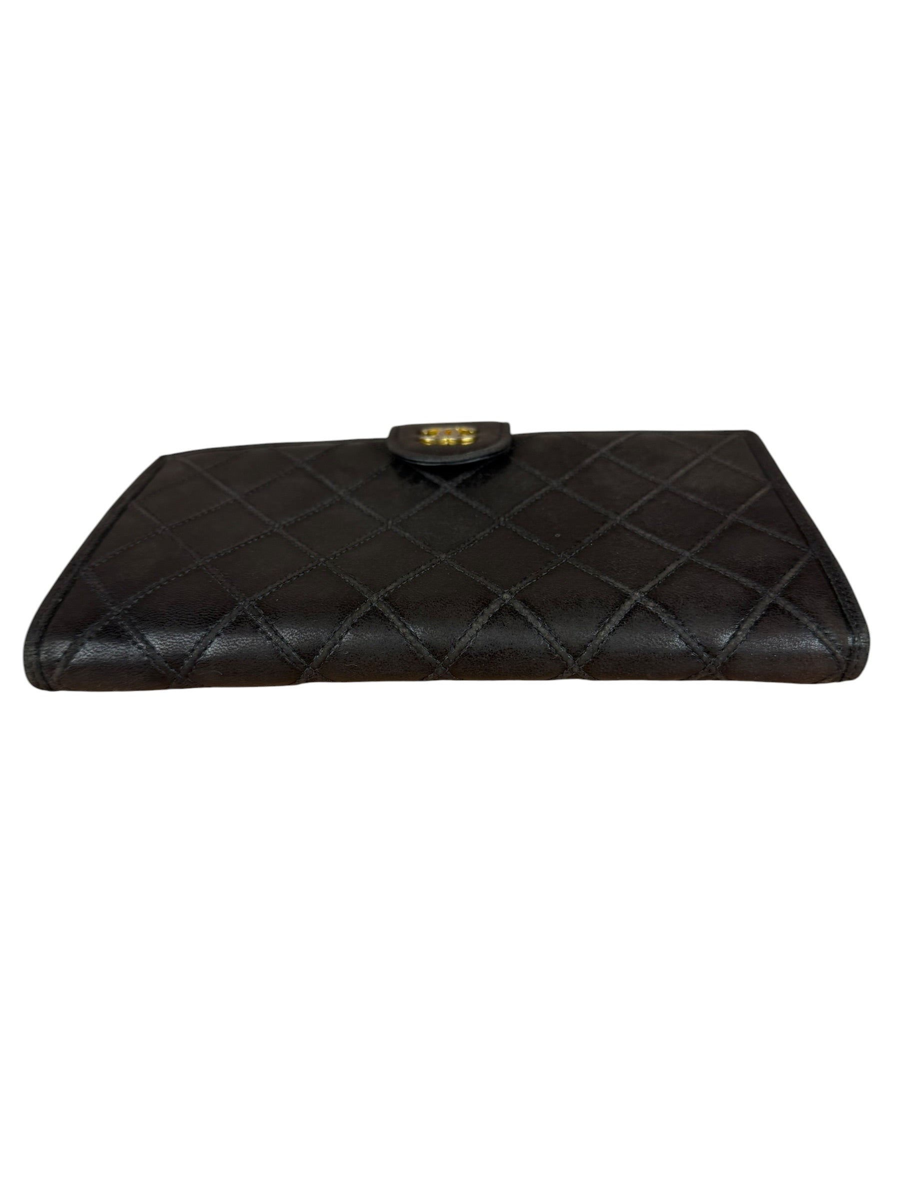 Chanel Vintage Dark Brown Leather Quilted CC Long Wallet