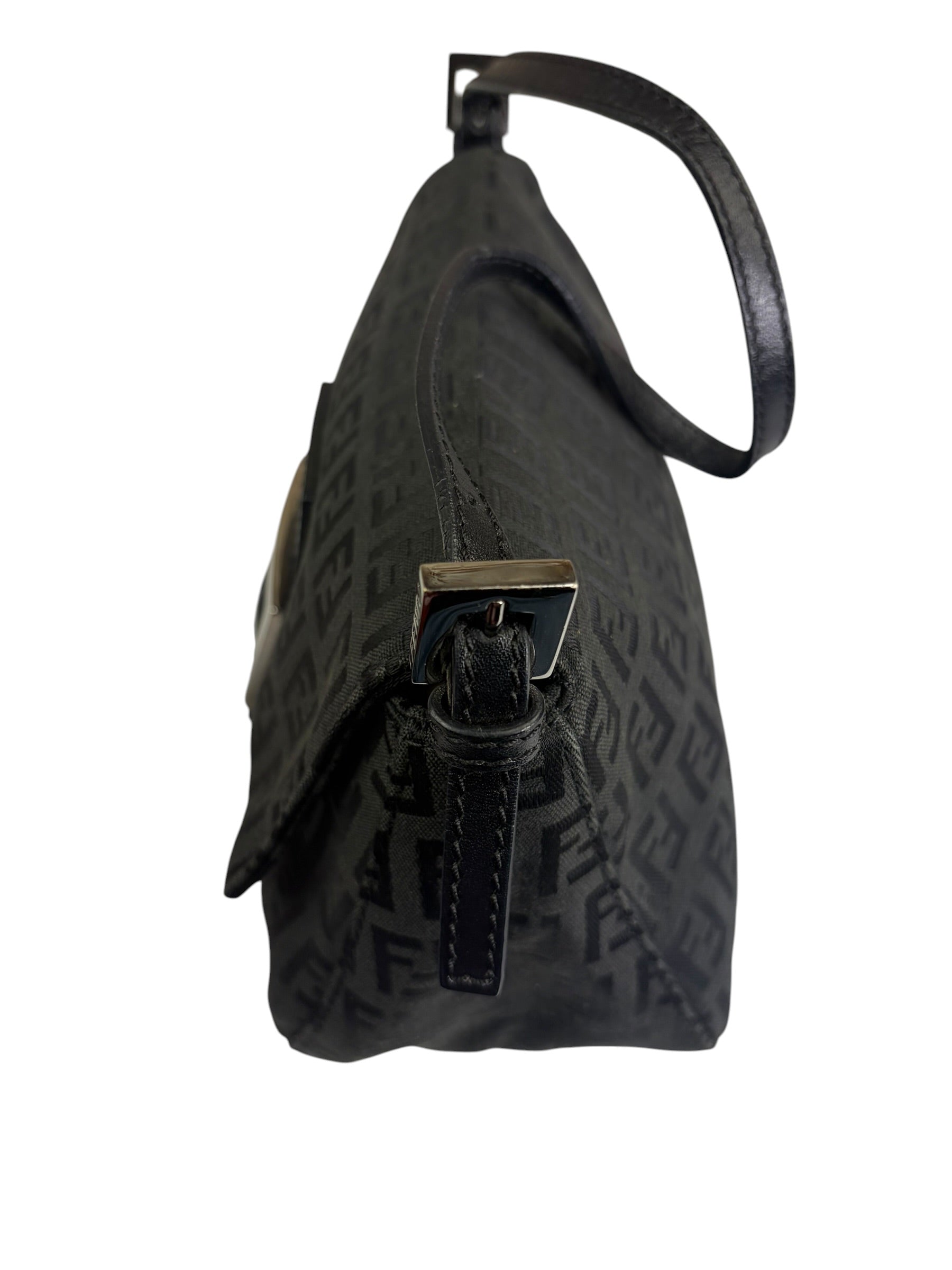 Fendi Black Leather Trim Zucca Baguette