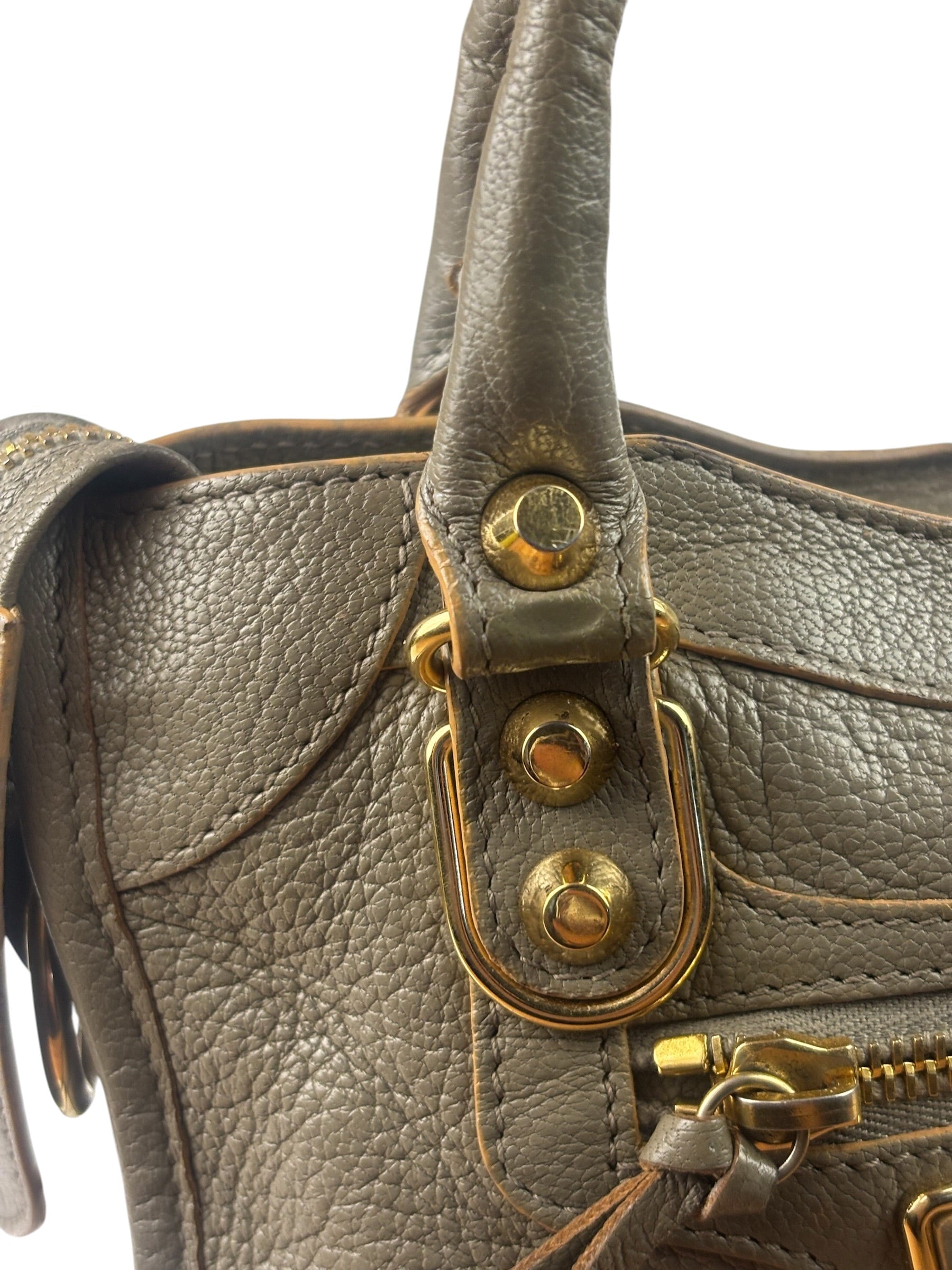 Balenciaga Gris Taupe Leather Mini Metallic Edge City Two-Way Bag