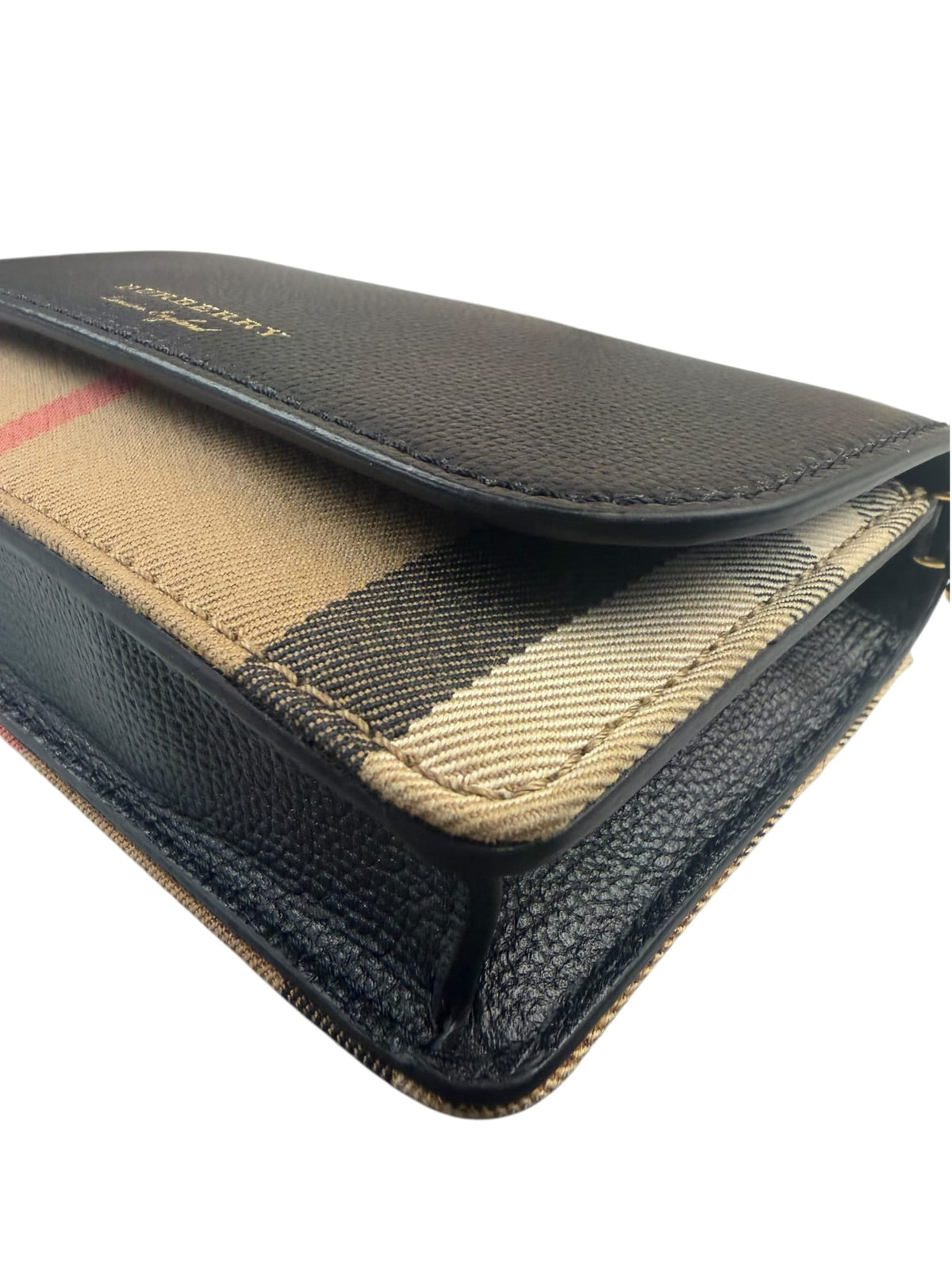 Burberry Black Leather House Check Flap Wallet On Chain