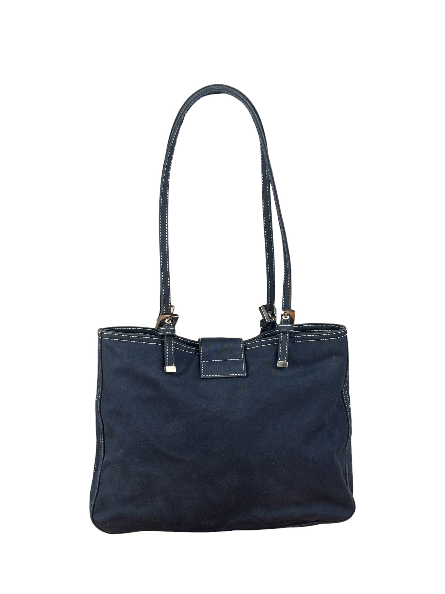 Fendi Vintage Navy Blue Leather Trim Mamma Baguette
