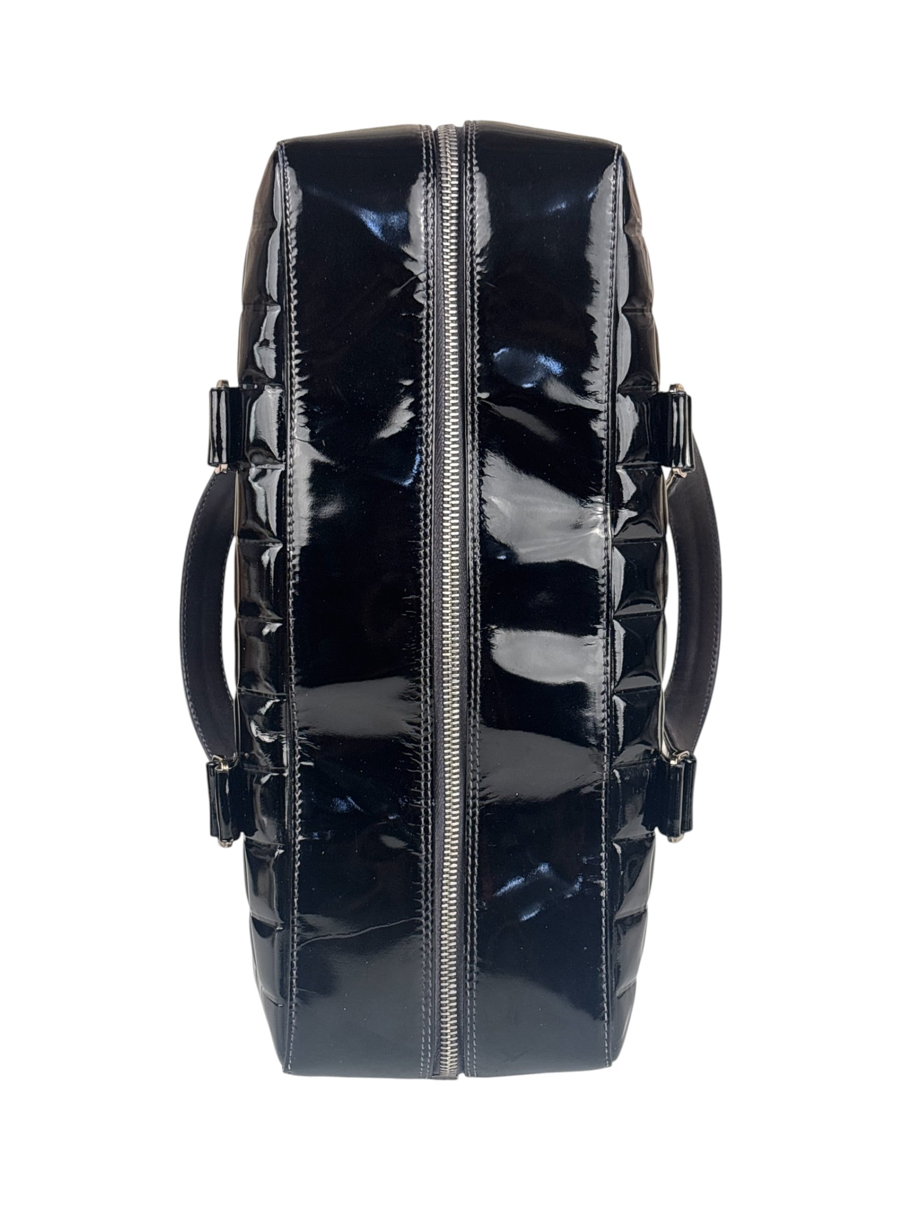 Chanel Black Leather Patent Chocolate Bar Bowler Hand Bag