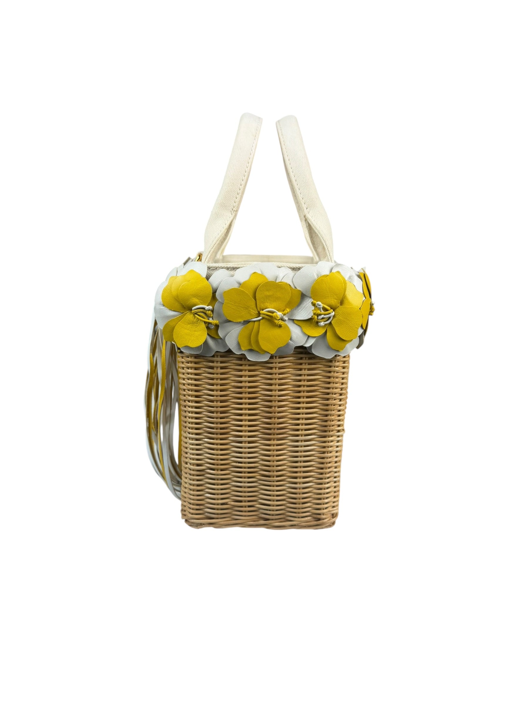 Prada Midollino Leather Trim Wicker Canvas Flower Basket