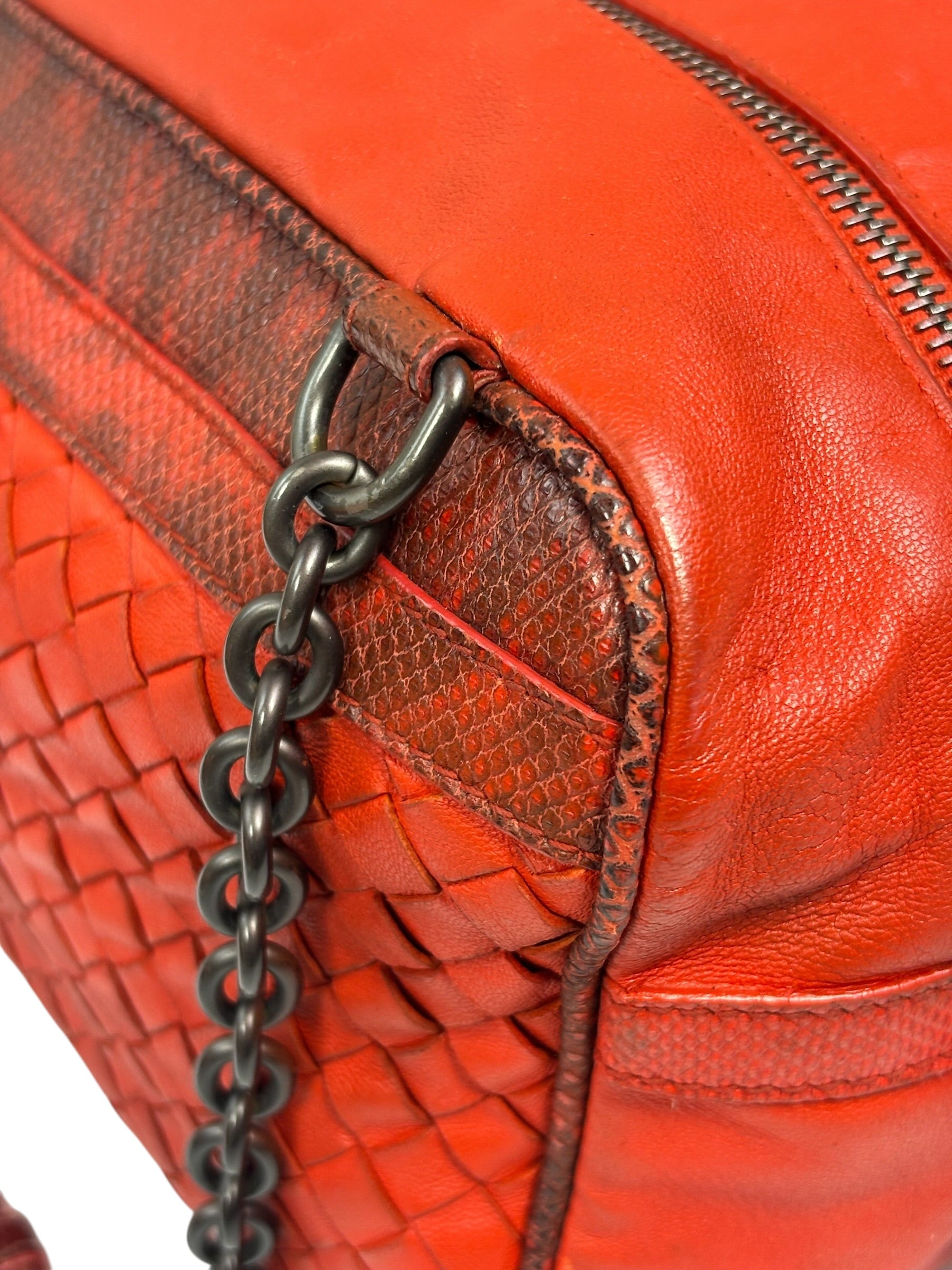 Bottega Veneta Red Lambskin/Lizard Intrecciato Shoulder Bag