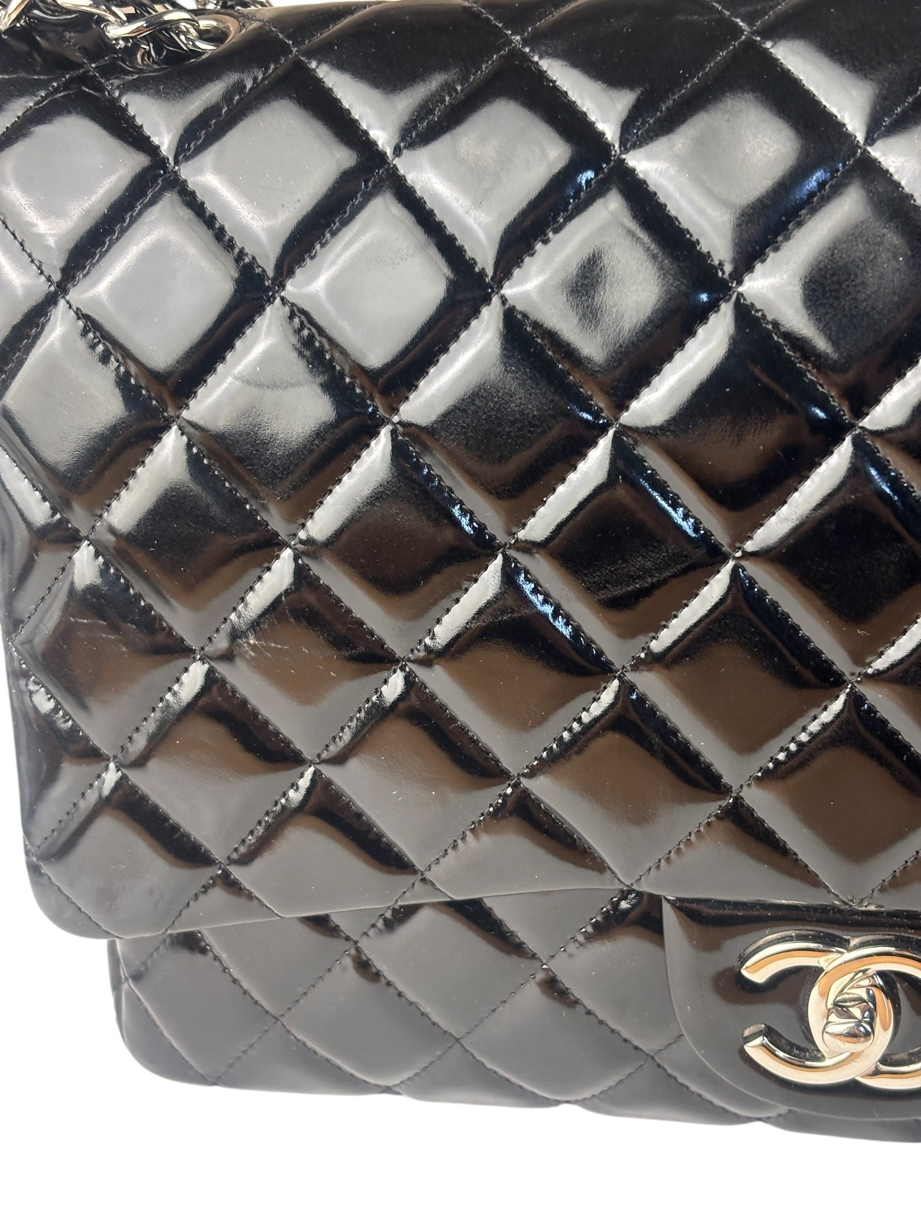 Chanel Black Patent Leather Quilted Leather Double Flap Jumbo Bag 2012
