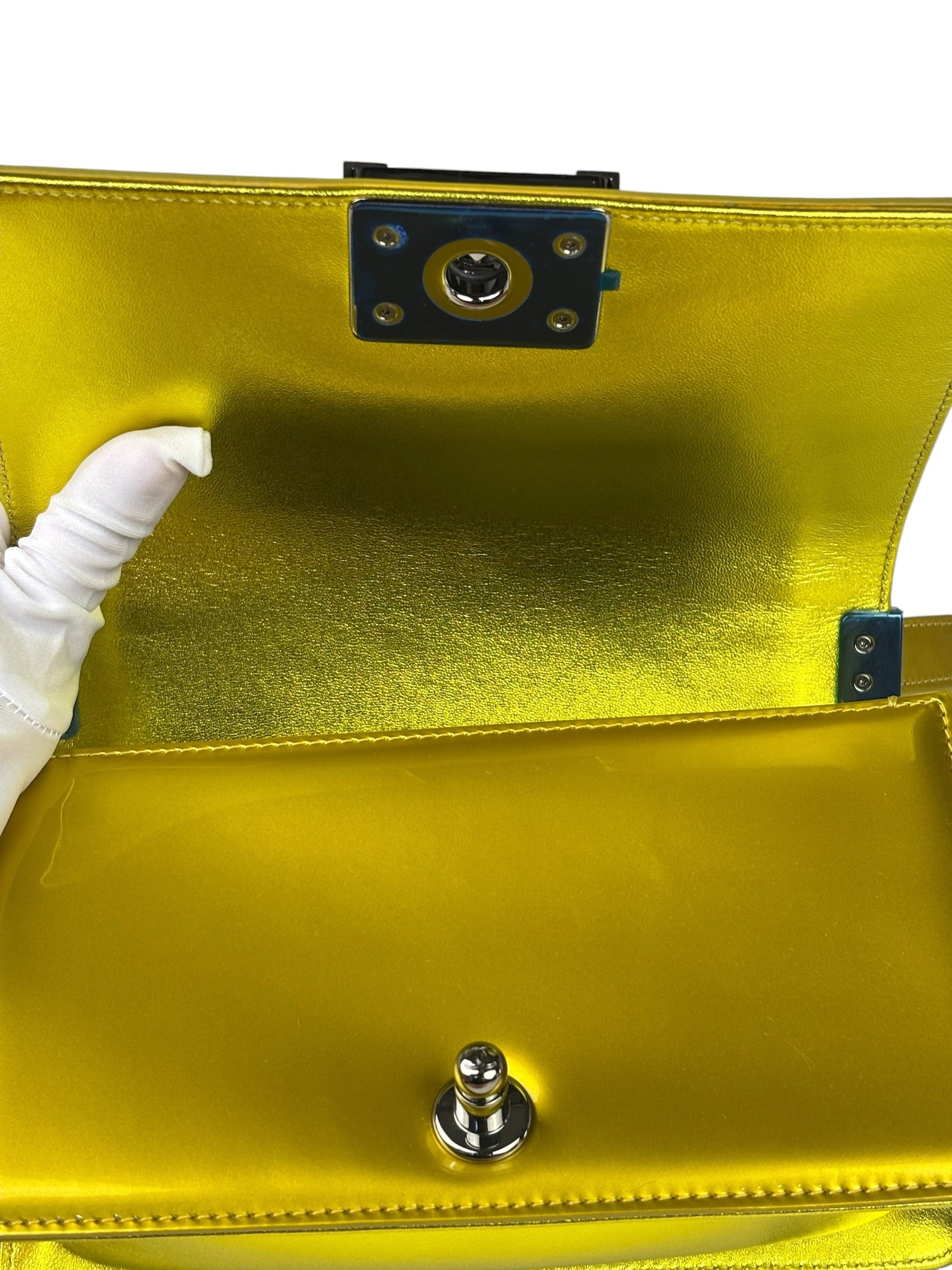 Chanel Metallic Yellow Quilted Patent Leather Mini Boy Flap Bag 2014