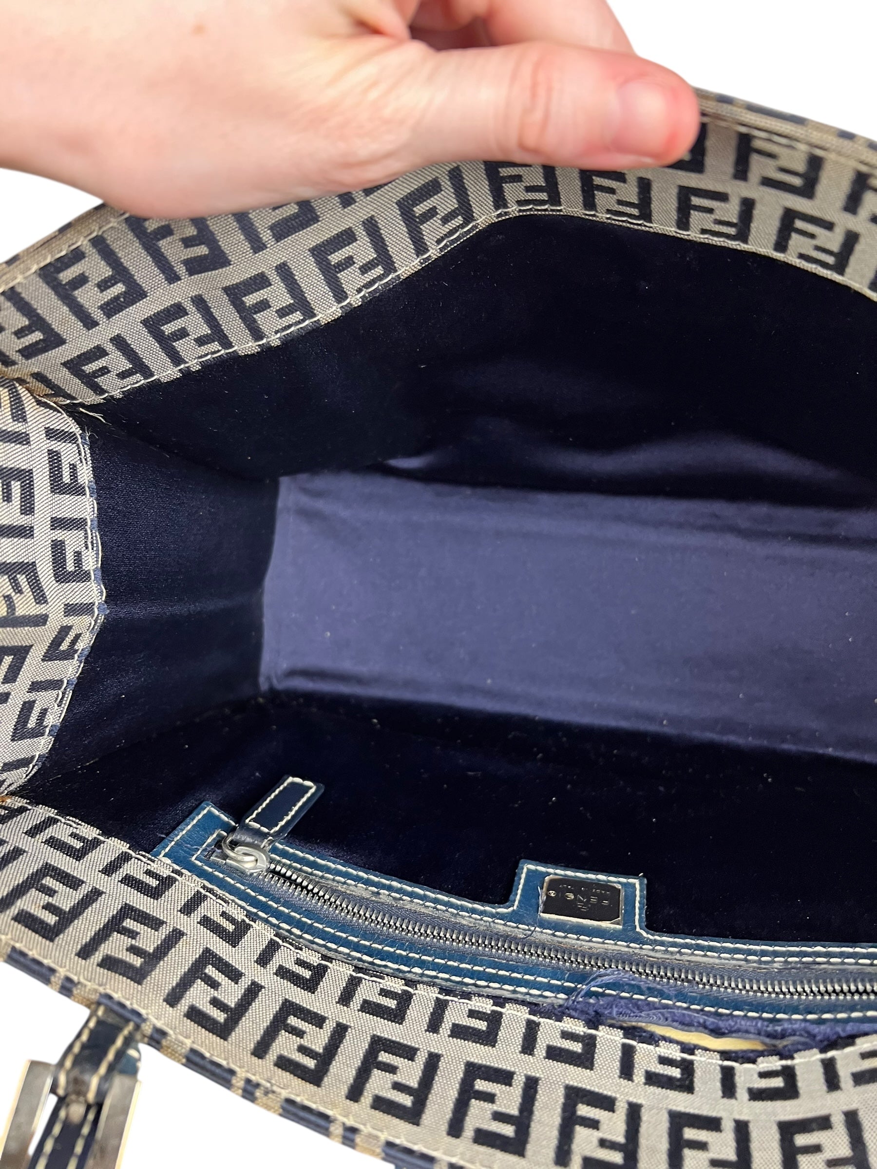 Fendi FF Buckle Navy Zucca Tote Handbag