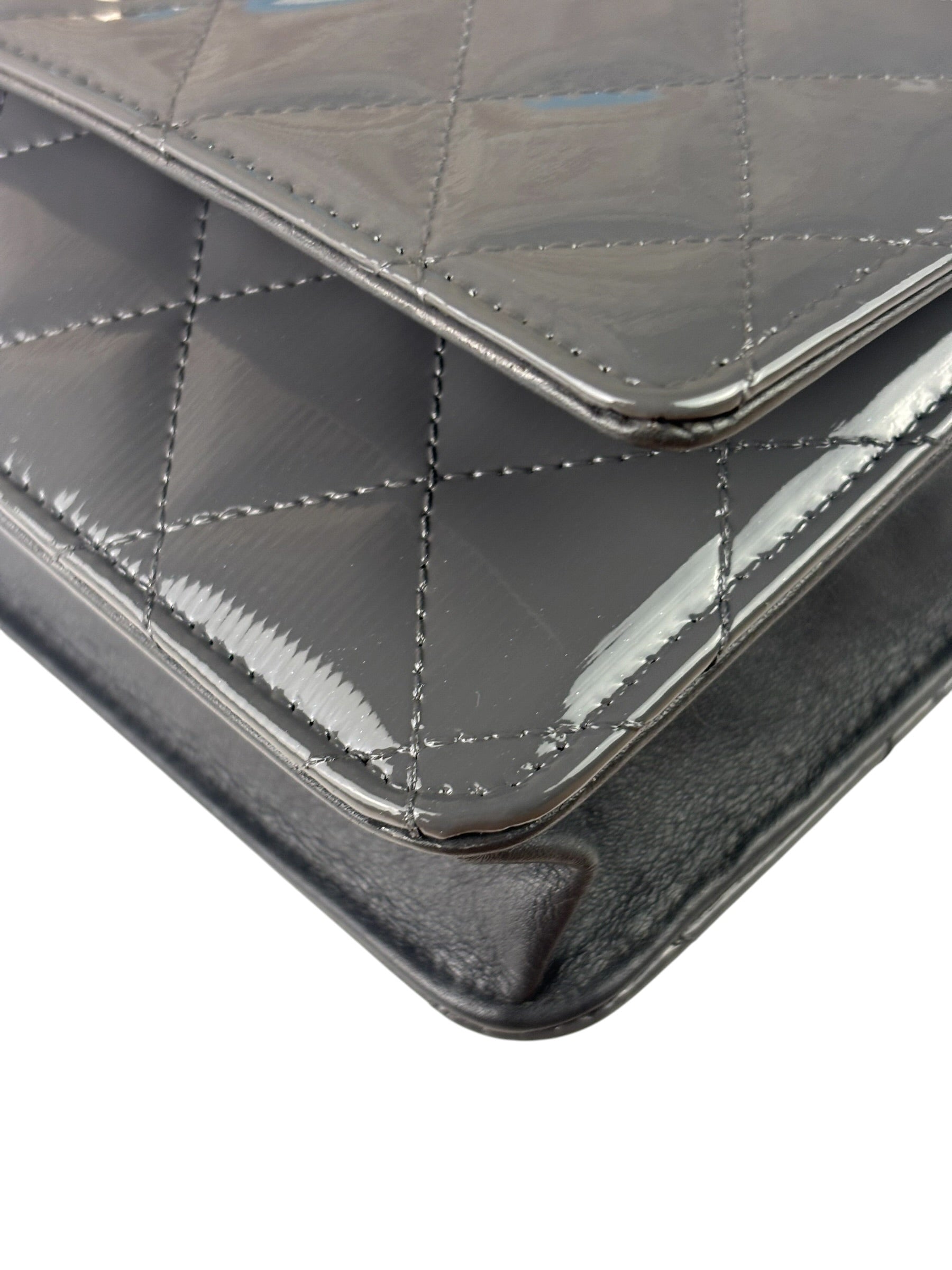 Chanel Grey Quilted Patent Leather Wallet-On-Chain 2012