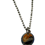 Gucci Sterling Silver Bottle-Cap-Style Enamel Logo Pendant Necklace