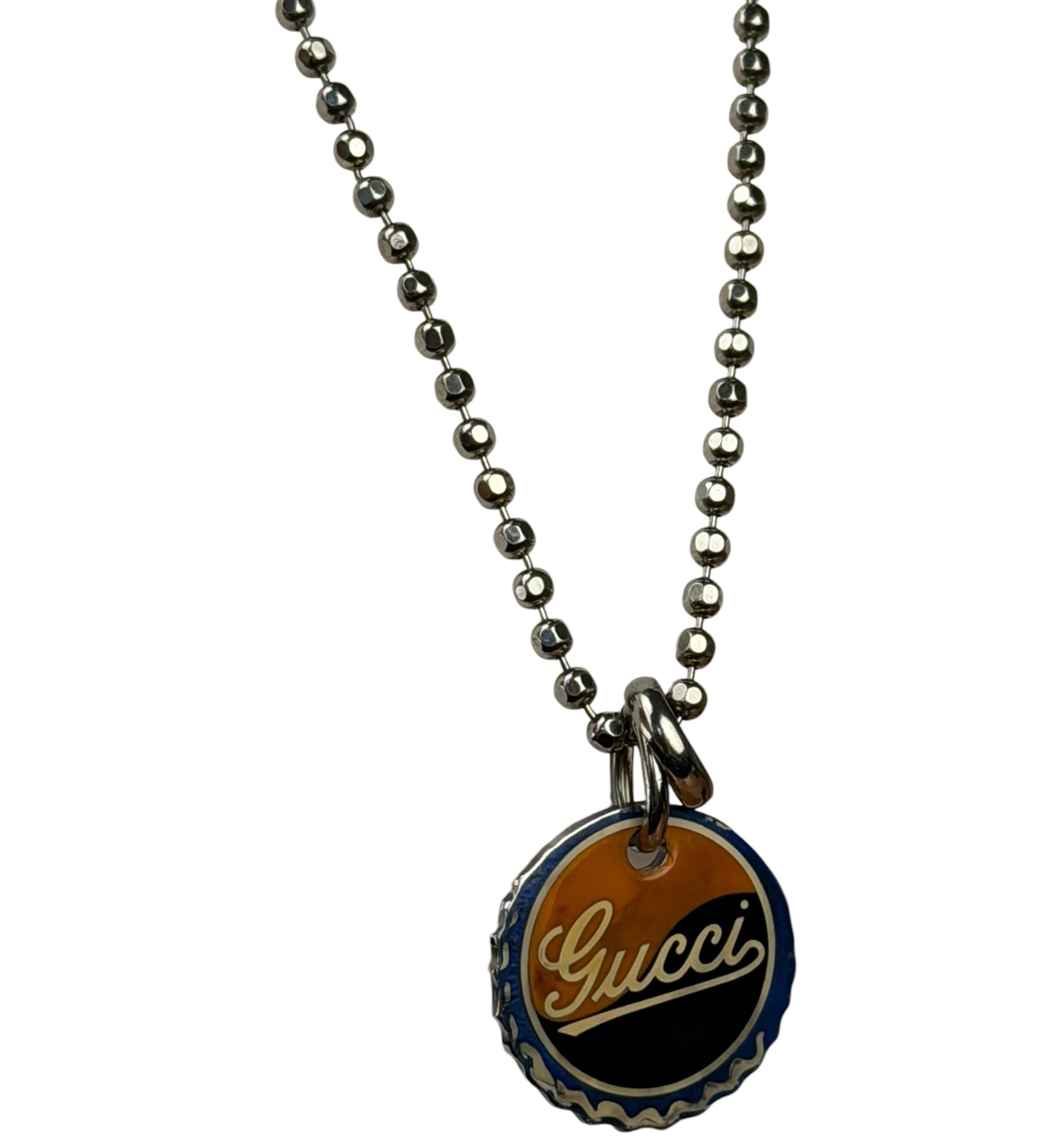 Gucci Sterling Silver Bottle-Cap-Style Enamel Logo Pendant Necklace
