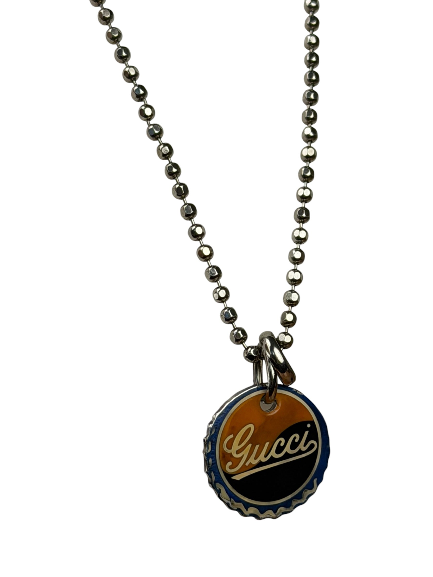Gucci Sterling Silver Bottle-Cap-Style Enamel Logo Pendant Necklace