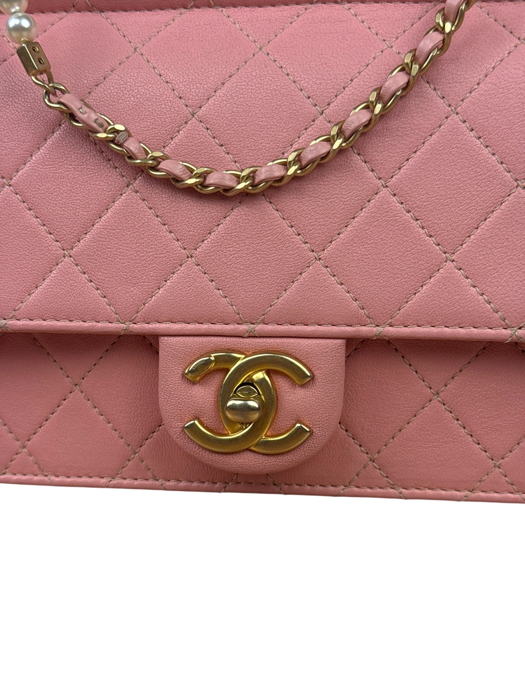 Chanel Pink Quilted Leather Pearl Chain Flap Bag 2019