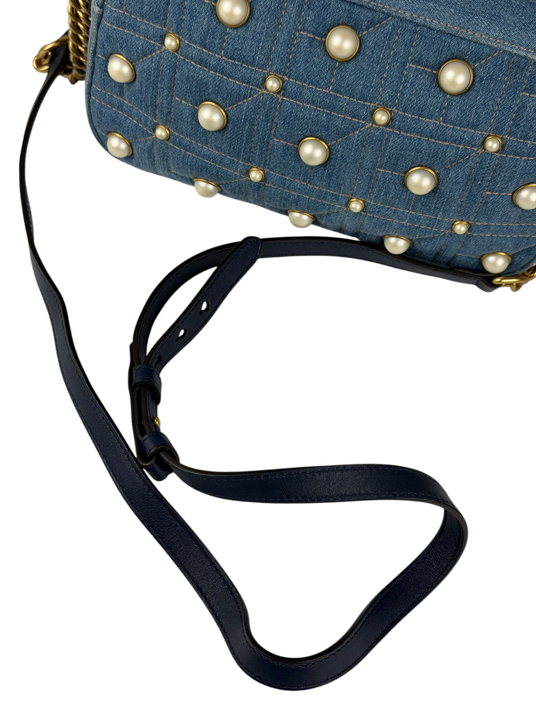 Gucci Blue Denim GG Marmont Pearl Camera Bag