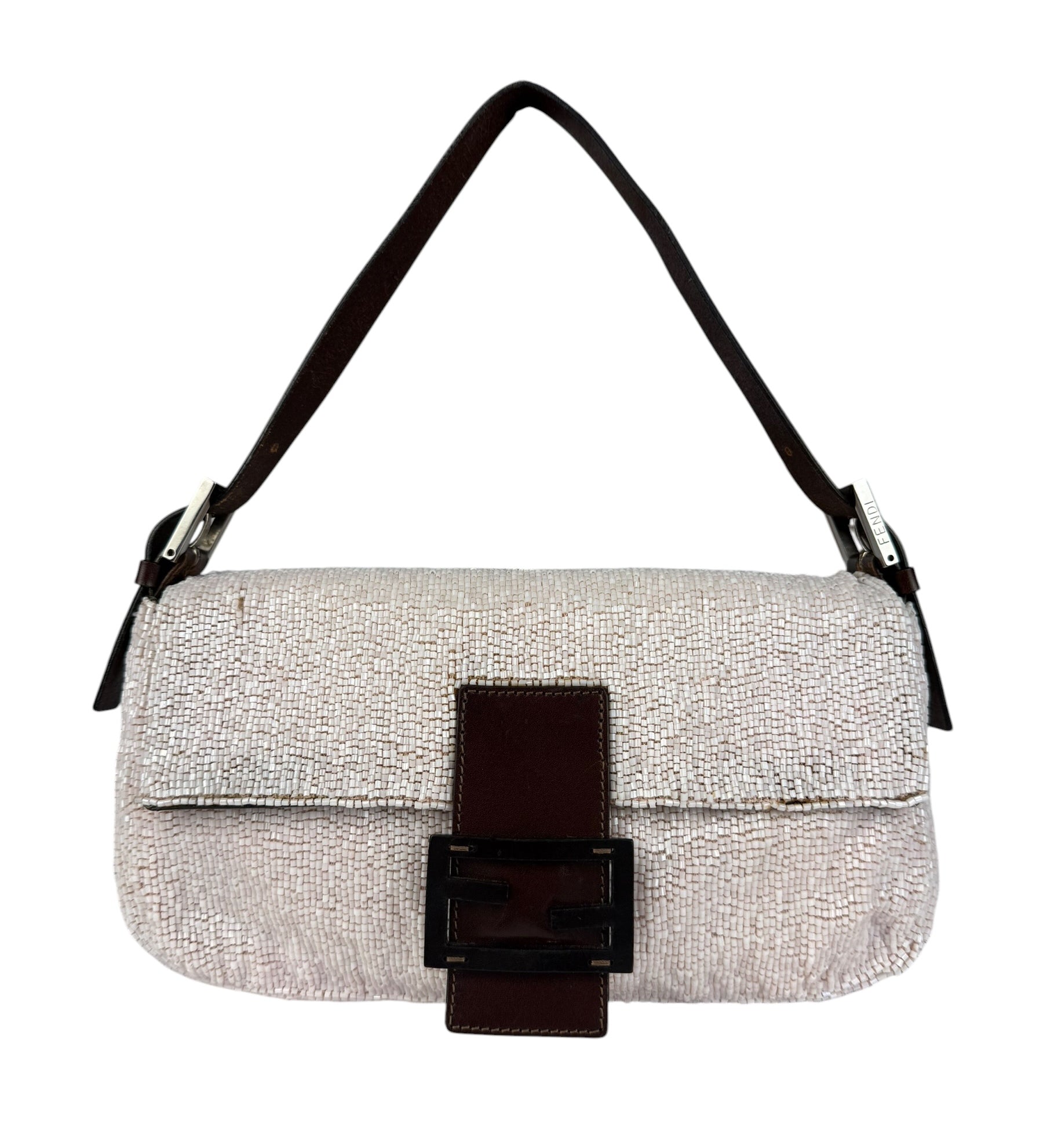 Fendi Leather-Trimmed Beaded Baguette Light Pink
