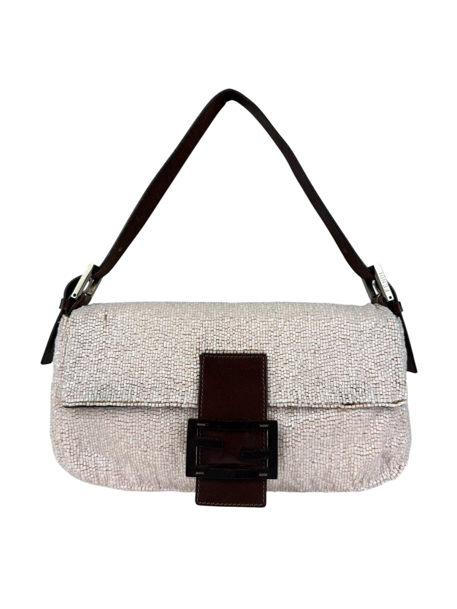Fendi Leather-Trimmed Beaded Baguette Light Pink