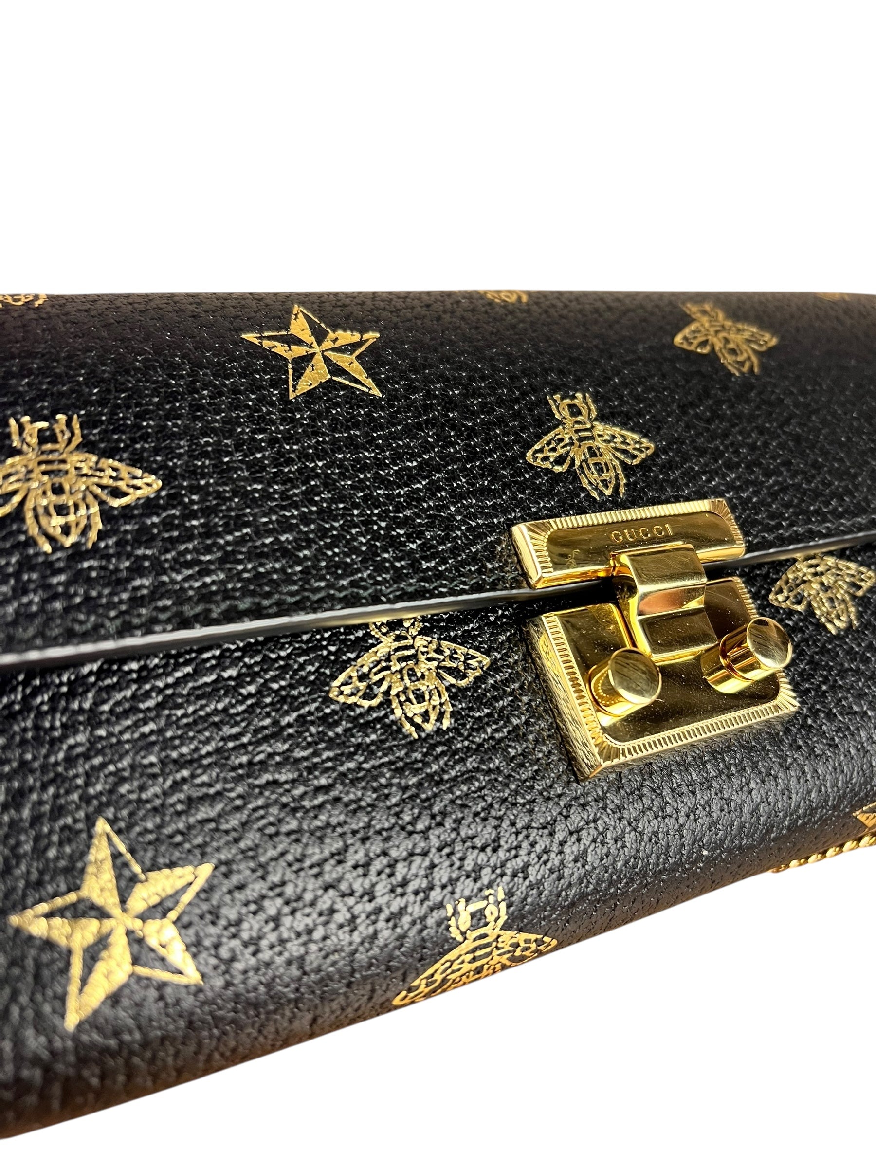 Gucci Leather Bees Padlock Continental Wallet On Chain Black