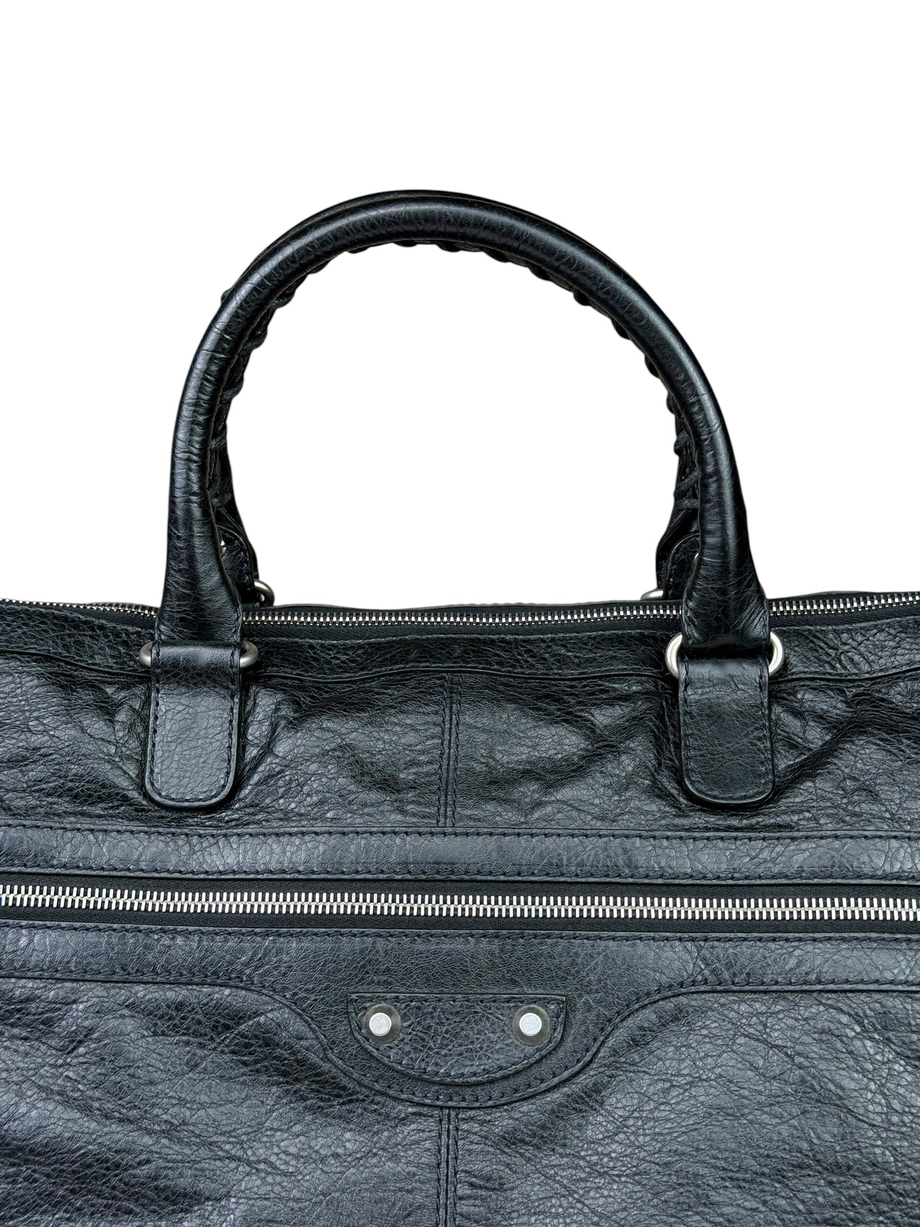 Balenciaga Black Leather Moto Bridge Zip Overnight Tote