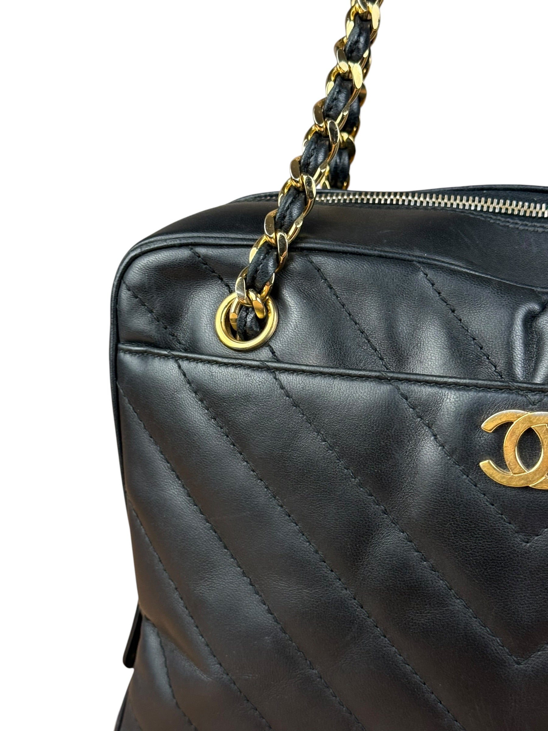 Chanel Black Chevron Leather Chain Camera Shoulder Bag 2000-2002