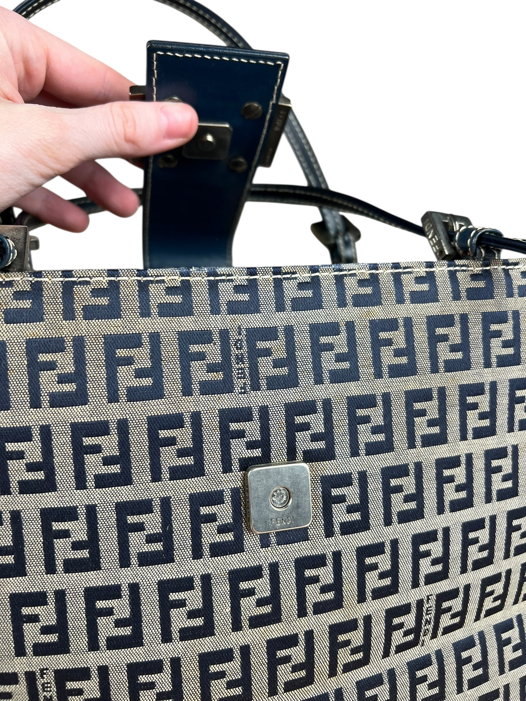 Fendi FF Buckle Navy Zucca Tote Handbag
