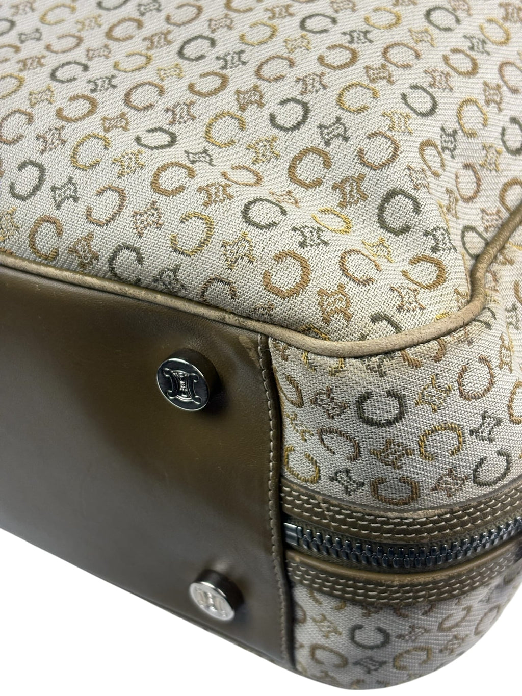 Celine Beige/Green Leather Trim Macadam Handbag
