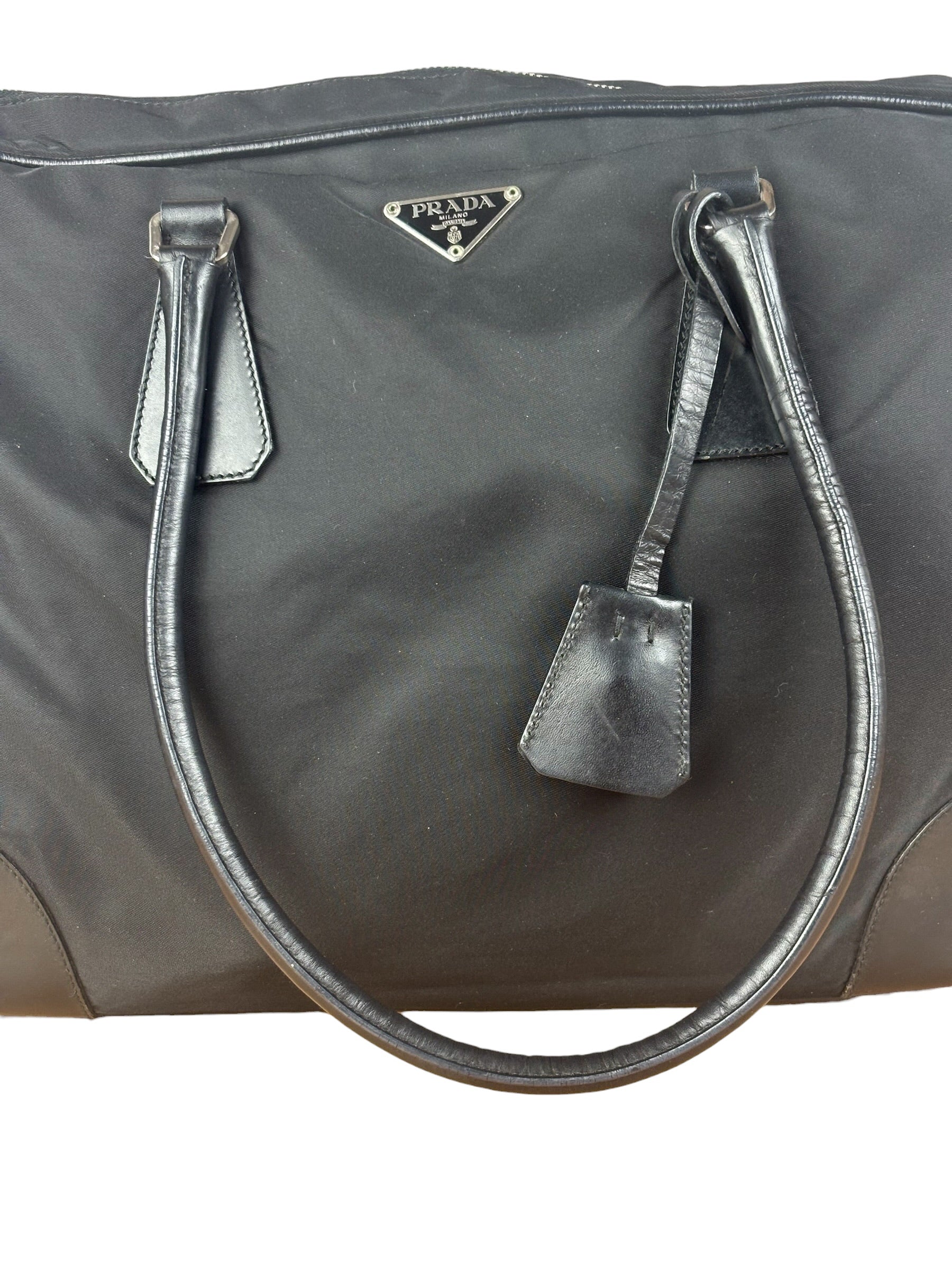 Prada Black Leather Tessuto Nylon Bowler Bag