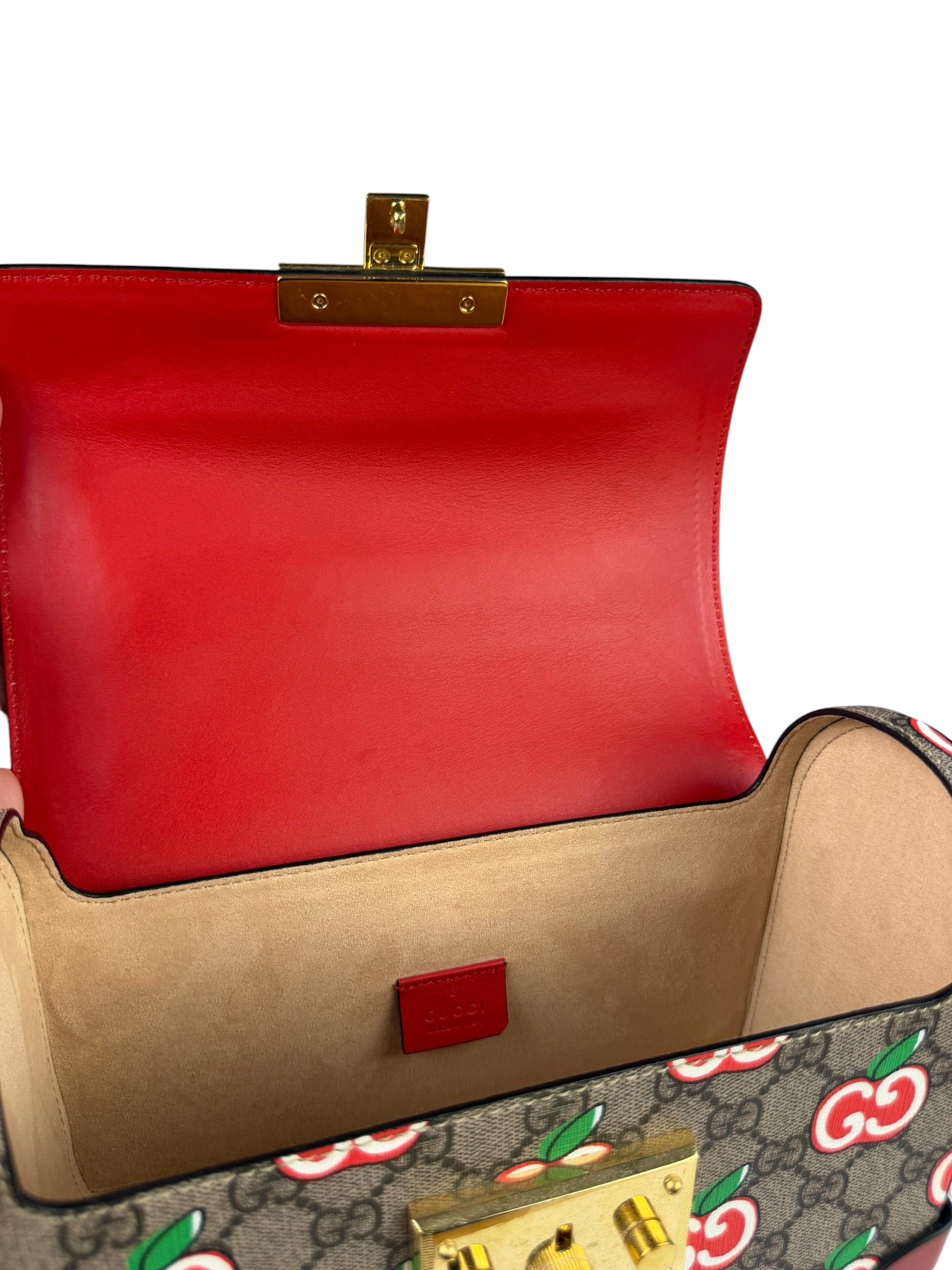 Gucci Red/Beige Leather GG Apple Print Padlock Bamboo Handbag