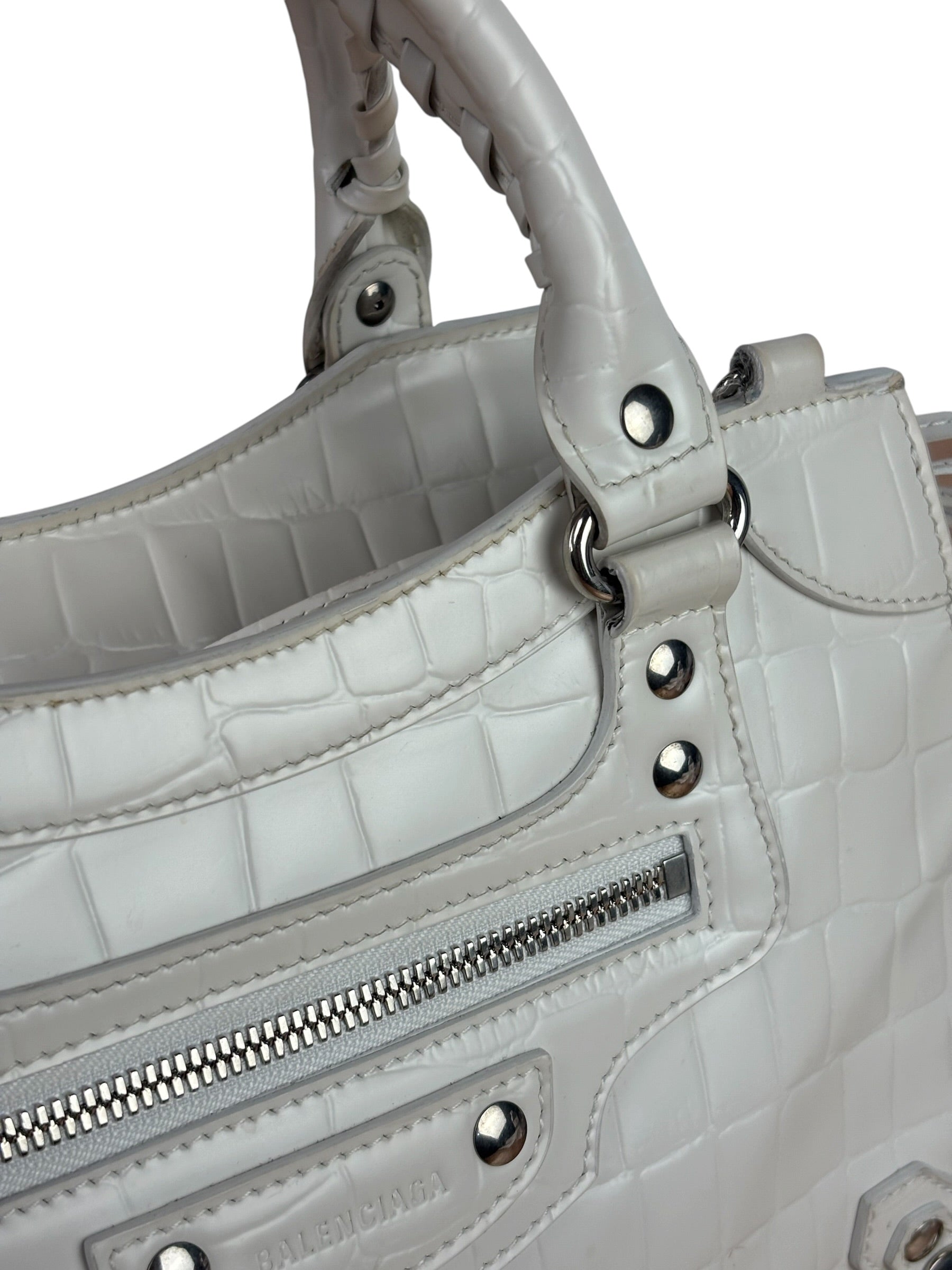 Balenciaga White Crocodile-Embossed Leather Two-Way Bag