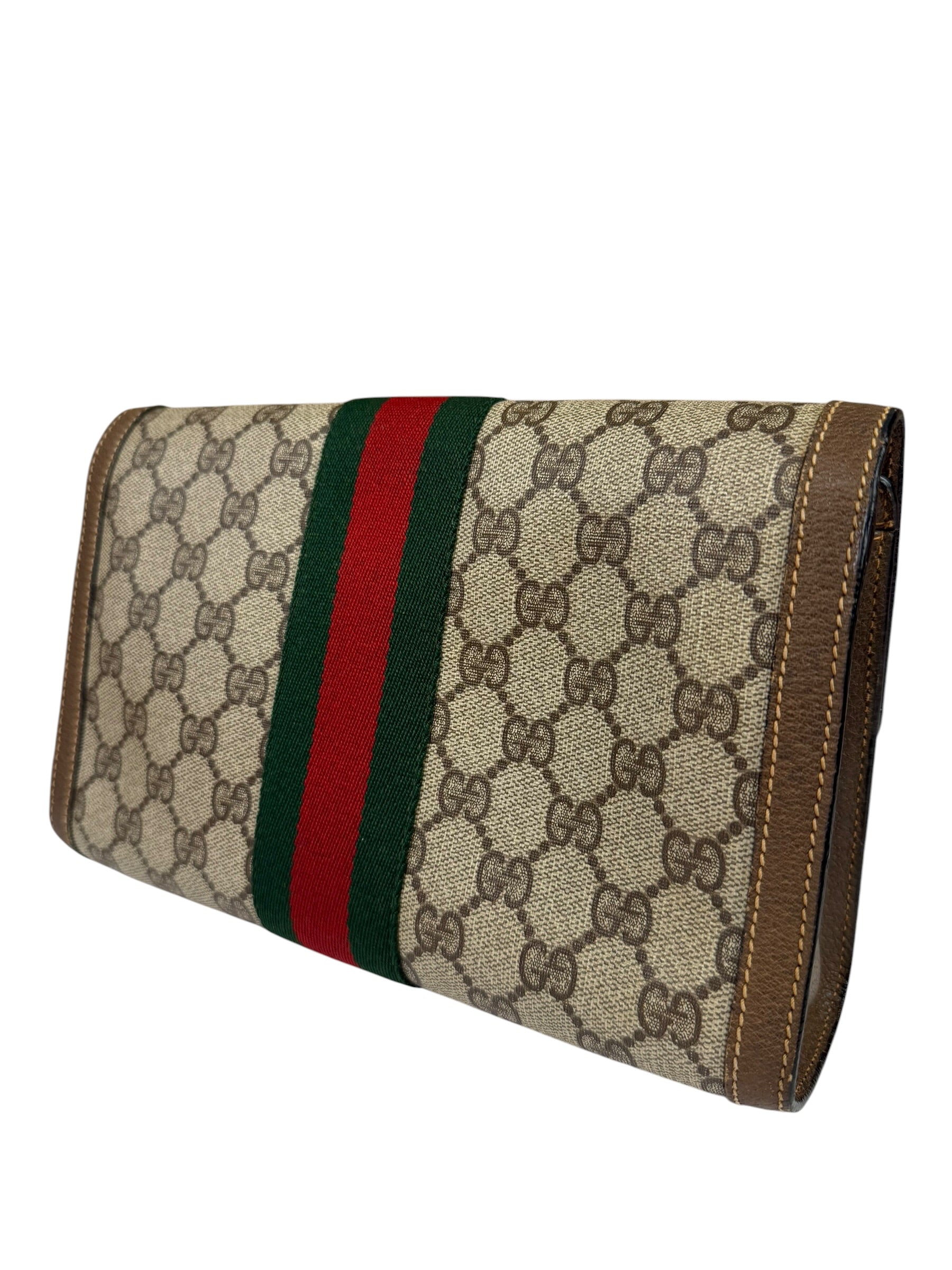 Gucci Brown Leather GG Supreme Web Stripe Clutch