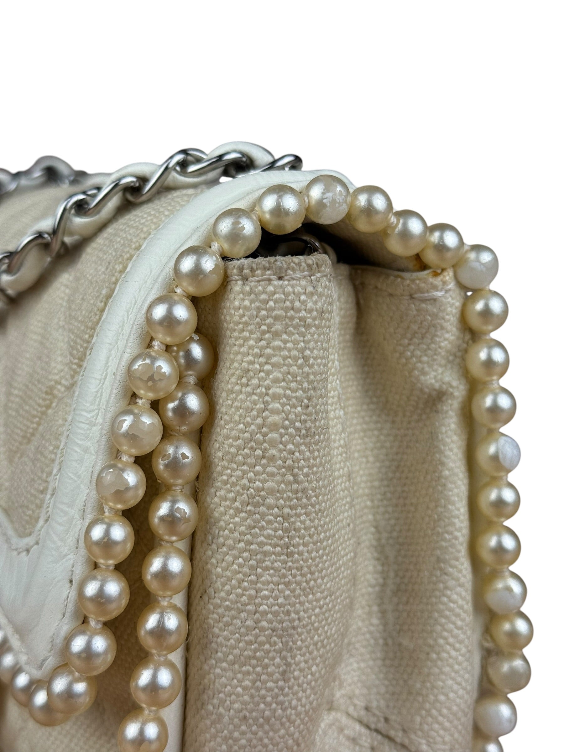 Chanel White Leather/Canvas Pearl Crossbody Flap 2003