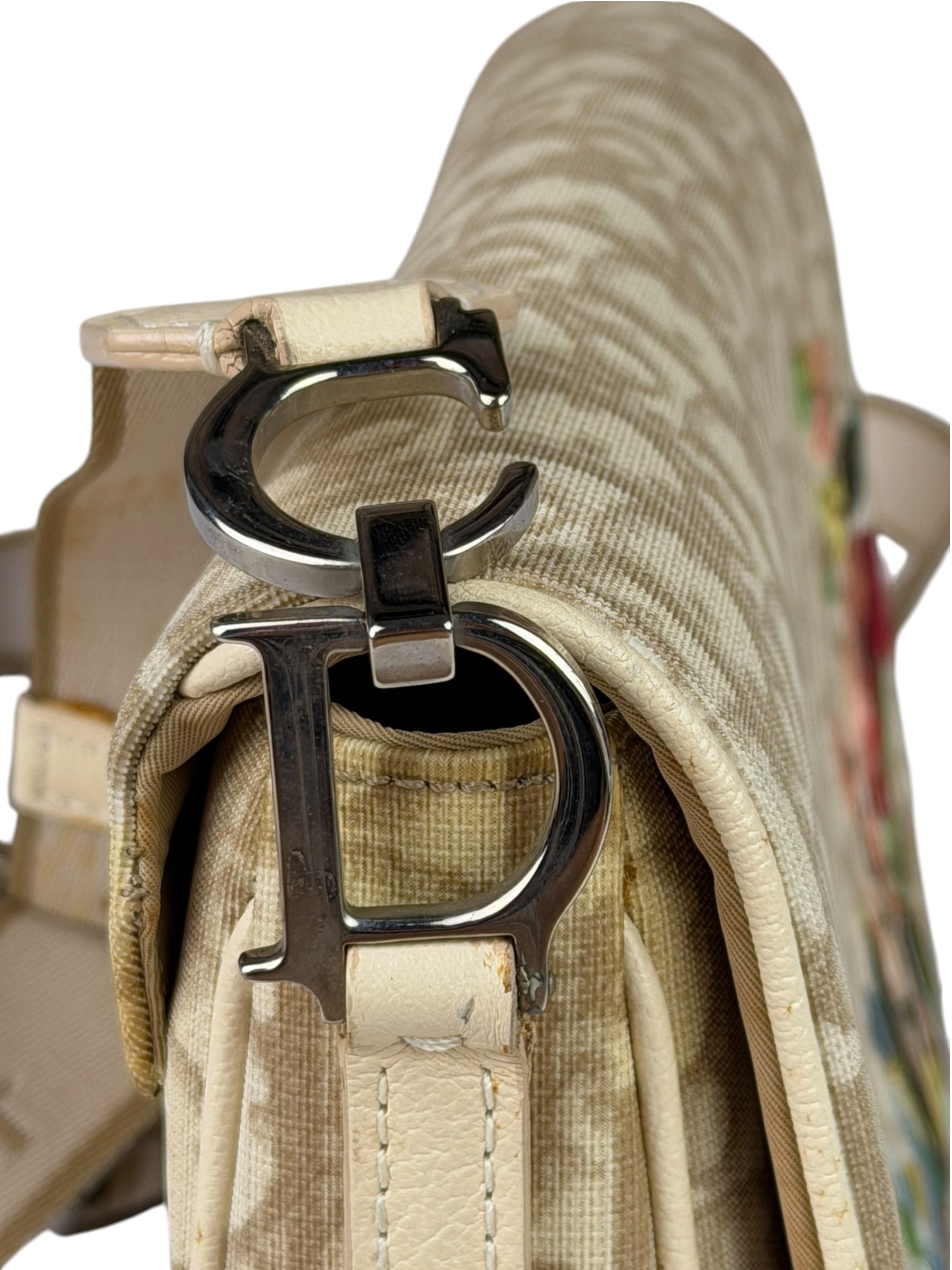 Christian Dior Beige Leather Trim Trotter Floral Embroidered Flap Bag